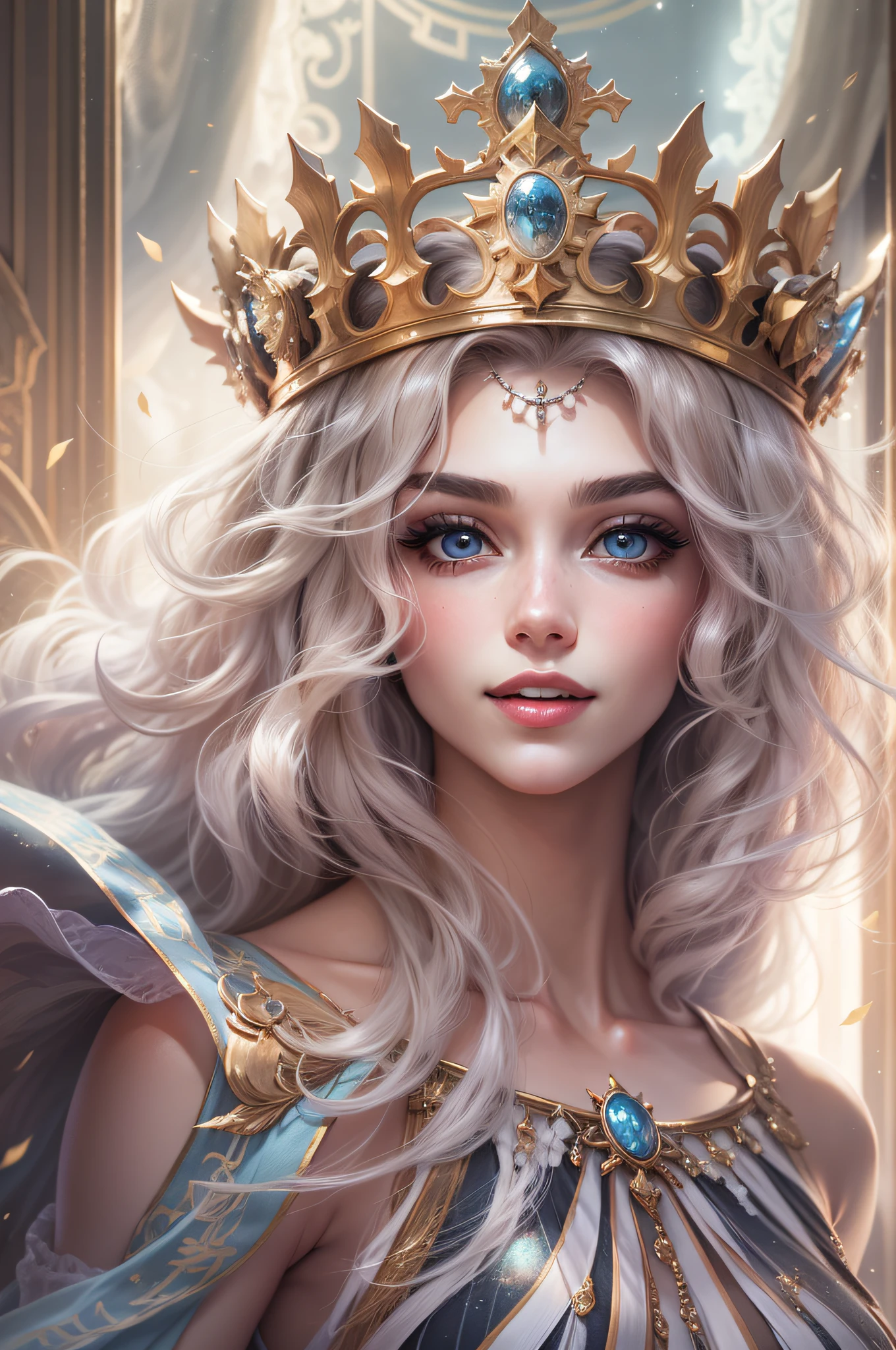 The personification of Zeus in Greek mythology 、Young Woman - Knowledgeable、omnipotence、Rule the entire universe、Unparalleled power、Sit on the throne where the true king sits、Miss King's Tiara、Sophisticated illustrations、Big eyes、Transparent eyes、Beautiful makeup、long eyeslashes、A smile、Smile、thin and thin eyebrows、Solo Photography、beatiful detailed eyes、vertical stripes　imagem 4k　超A high resolution、Overall photo