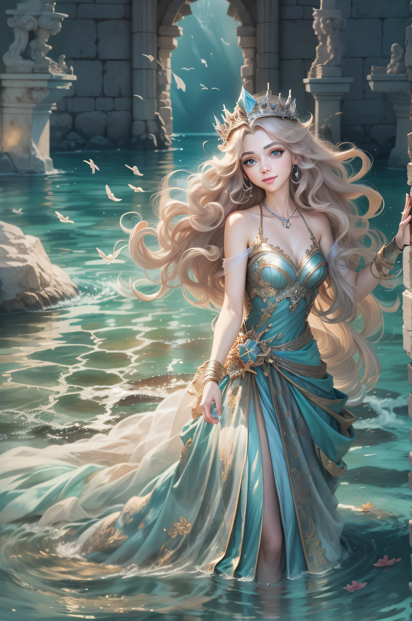 The personification of Poseidon in Greek mythology 、infp young woman、Ruler of the seas、A dress that looks like it sways in the water、Inside a submerged castle、Miss King's Tiara、Sophisticated illustrations、Big eyes、Transparent eyes、Beautiful makeup、long eyeslashes、A smile、Smile、、Solo Photography、beatiful detailed eyes、vertical stripes　imagem 4k　超A high resolution、Overall photo