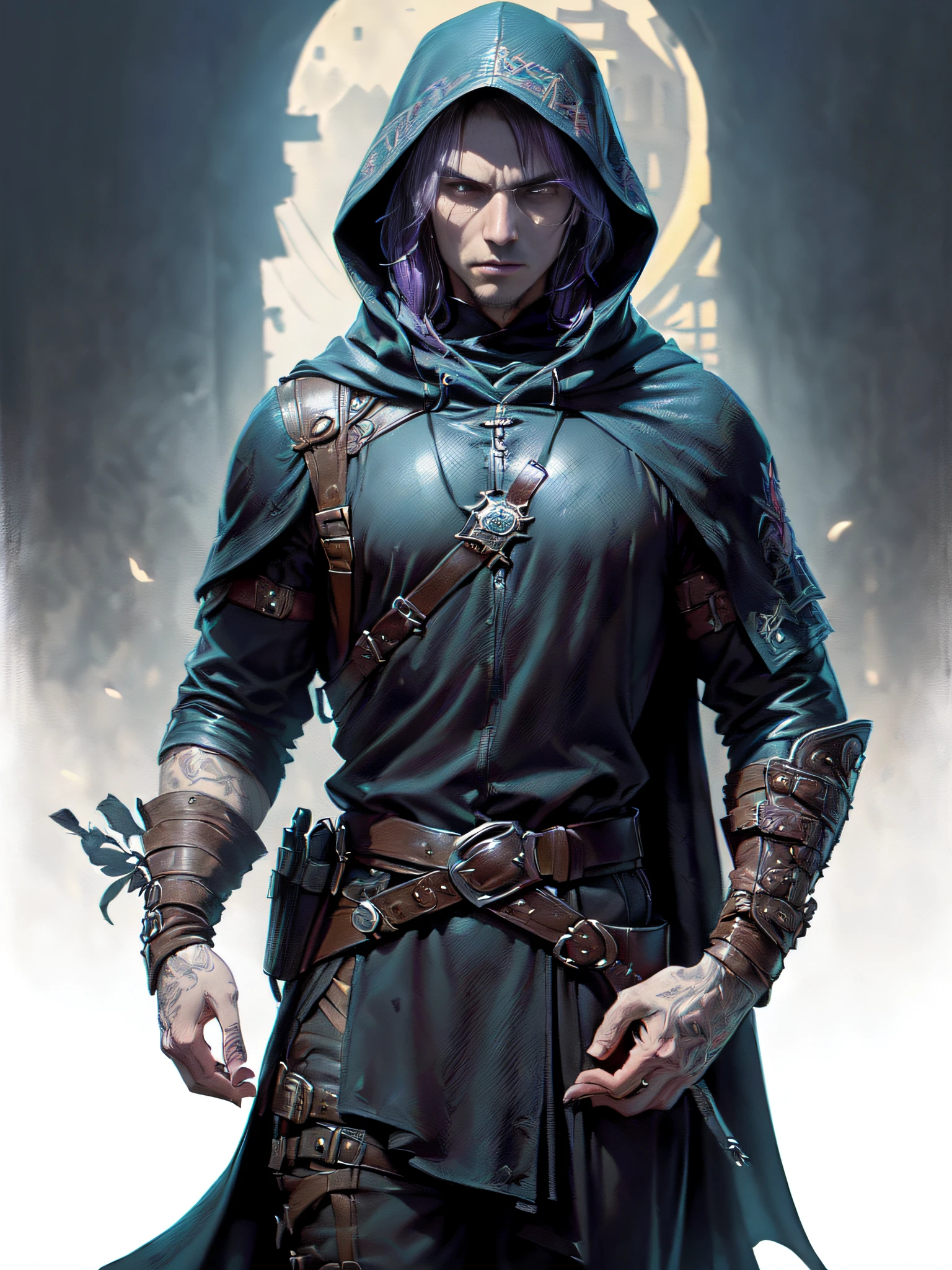 (superfine illustration, Best Quality, Ultra-detailed, Correct delineation, Perfect fingers, Perfect hands, Medieval fantasy illustration:1.5), (mysterious assassin belonging to a cult, Male Focus, Solo, unapproachable vibe:1.5), (is wearing assassin costume, hood:1.5), town as background, Extremely short hair, Purple hair, open forehead, leather gloves, moonlight,