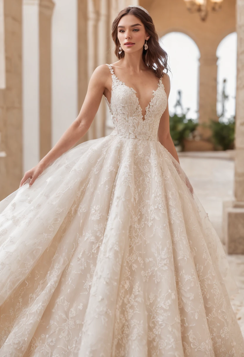 Mostrador de tienda de ropa con telas para vestidos de novia color blanco en rollos