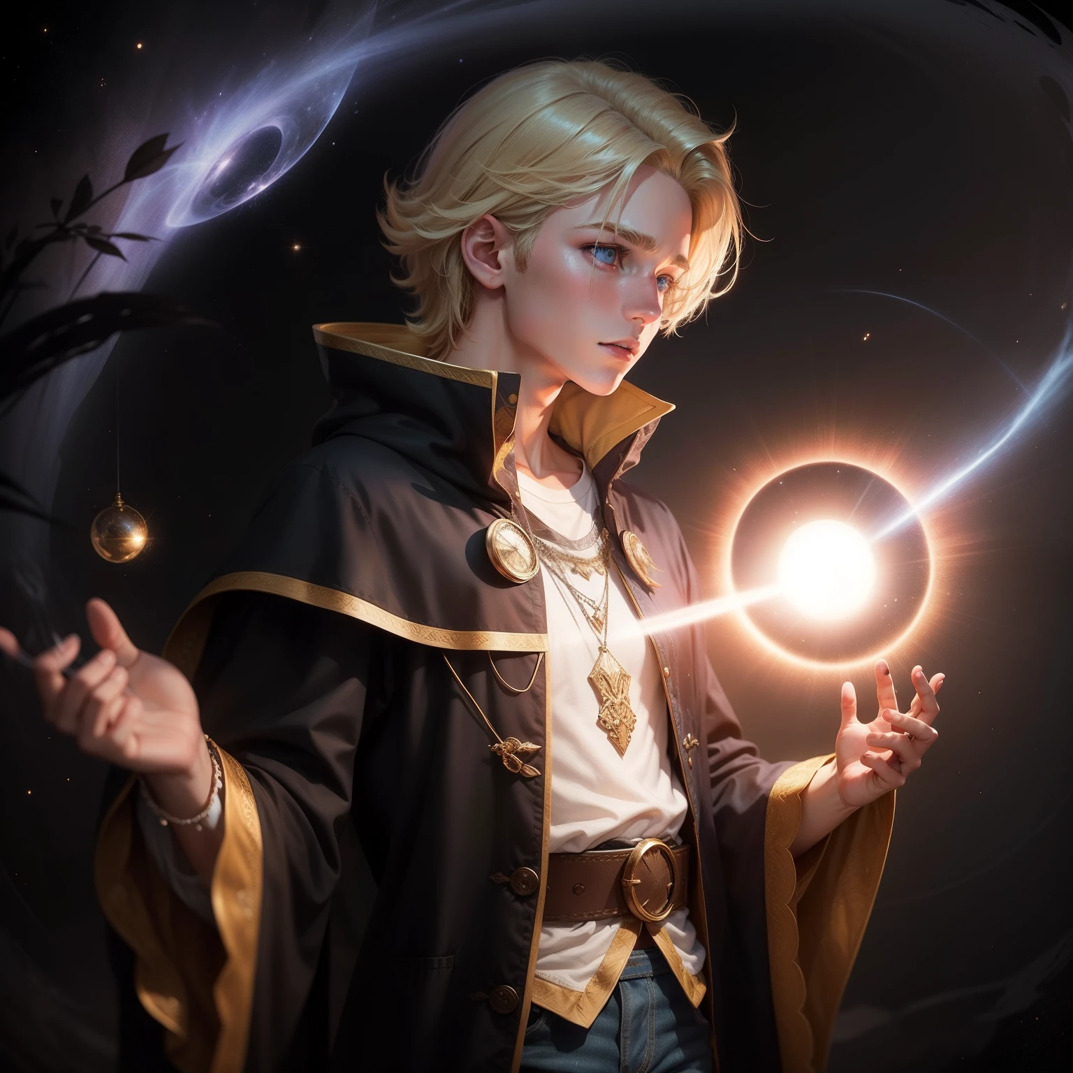 Liam is a young wizard with blond hair and fair skin. He has a delicate appearance and has an average height. Seus olhos azuis brilham com uma mistura de curiosidade e timidez. ele se encontra flutuando a cima de um predio, wearing a simple t-shirt and jeans