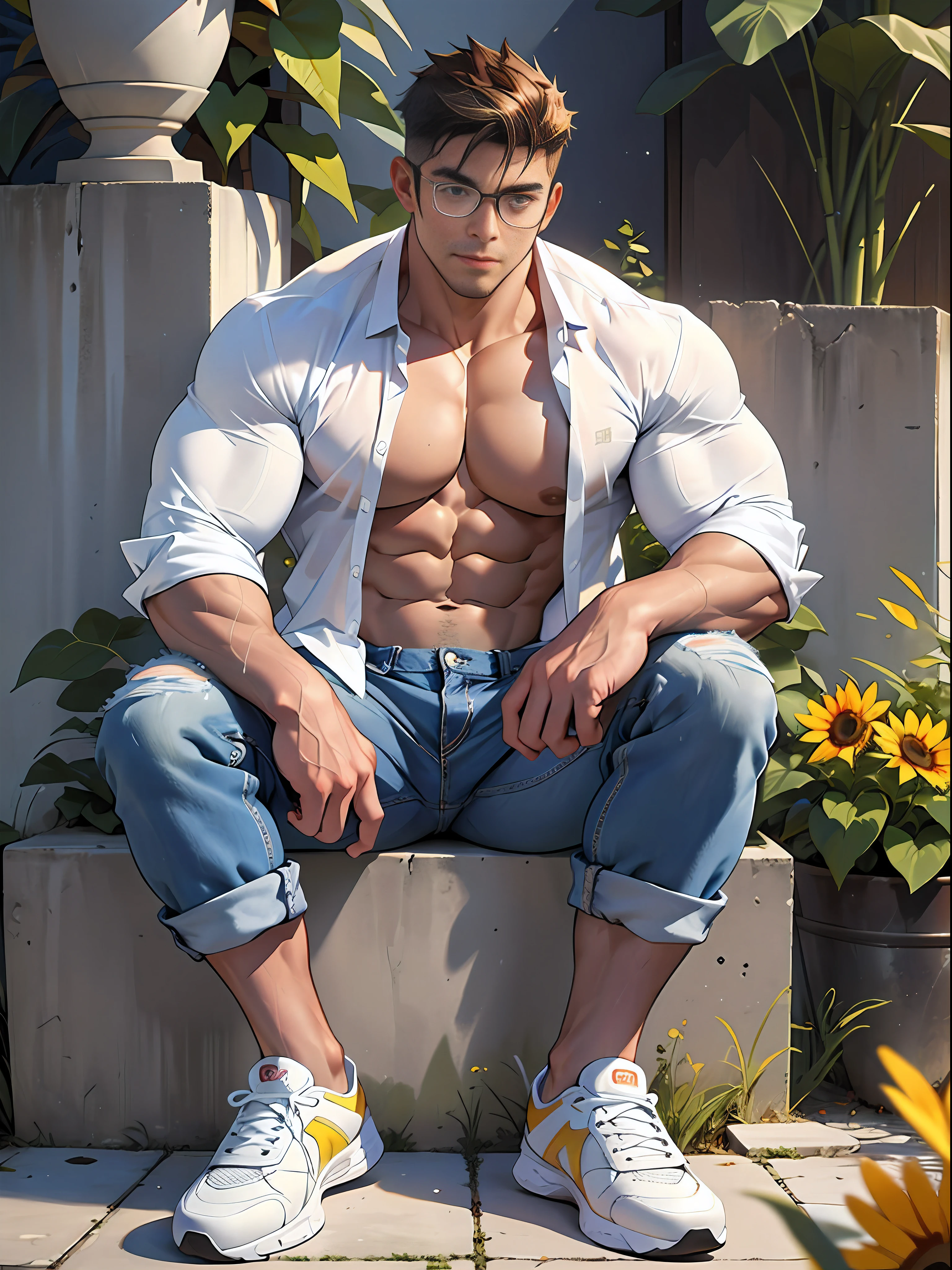 20 years old, round face, Chinese male, white inch, huge muscles, exaggerated muscles, mature man, muscle swelling, bodybuilding, pectoral muscles, abs, lots of sunflowers, sitting position, wearing white shirt, open shirt, jeans, sneakers, natural light, wheat-colored skin, 1man, metal glasses