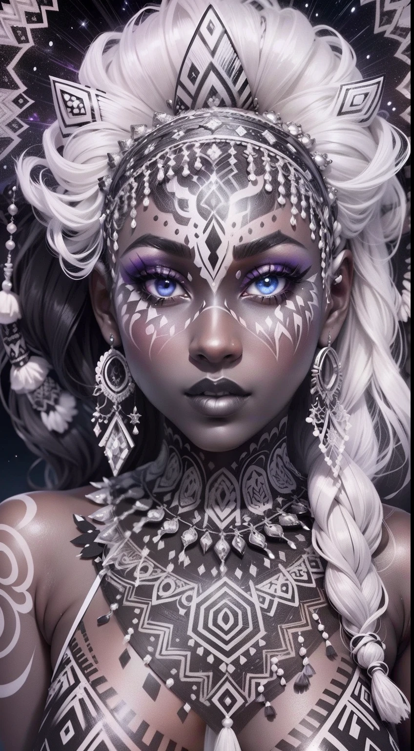 colouring book page, black and white, 32k, full body view, very beautiful tribal brown skin girl with excessive intricately detailed vivdly black and white facepaint bodypaint makeup, stunning radiant eyes, gorgeous white hair with highlights, magical night sky background