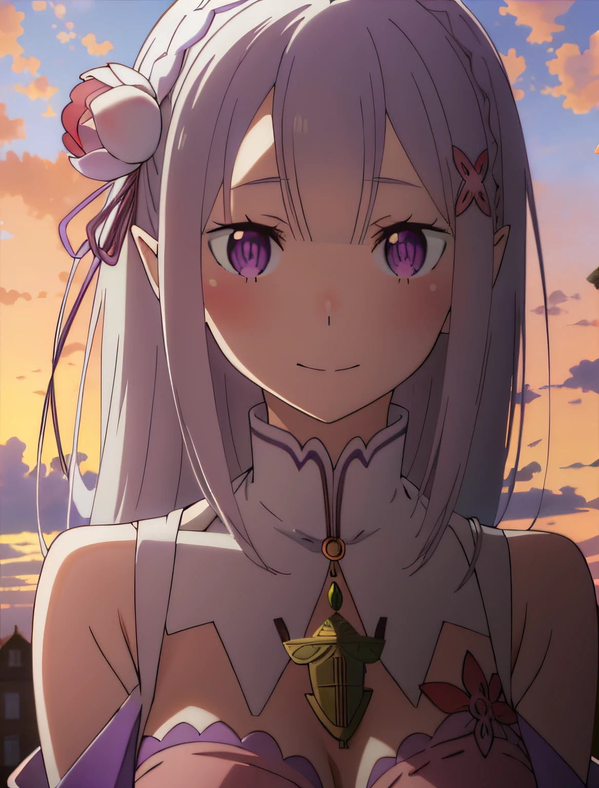 Femilia, 1girl in, Solo, breasts, Smile,((masutepiece,Best Quality:1.4),Ultra-detailed,(Intricate details:1.1),Cinematic Light,short bangs,Beautiful detailed eyes,Red Buck Round, Blue sky, Purple Sky),Looking at Viewer,