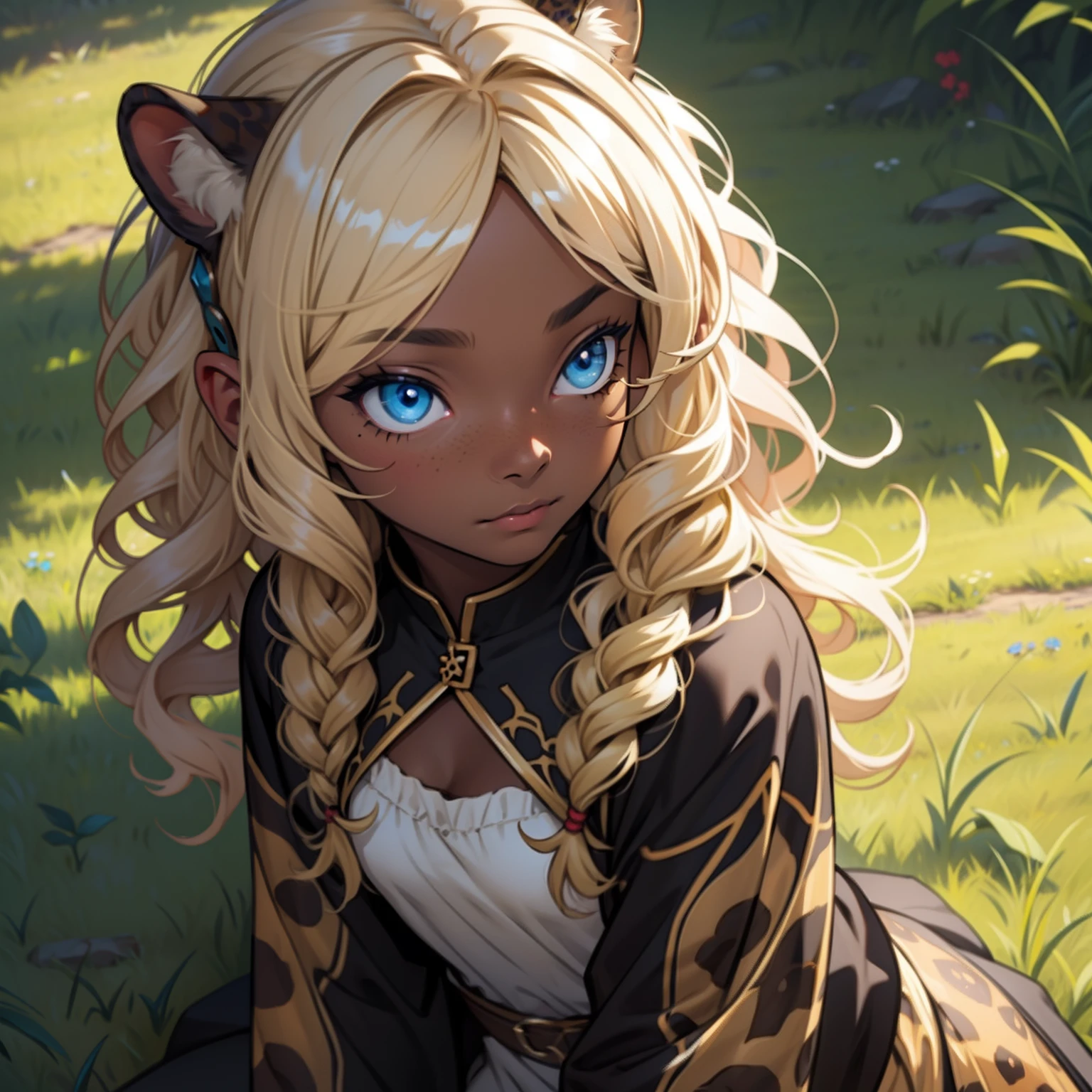 Dark Skin girl. Leopard girl. Blue eyes. Blond hair. Dark skin girl. Medieval art. Curly Hair. Curly Blond Hair. Alone. DARK SKIN. Leopard Ears. Kid. Grass background