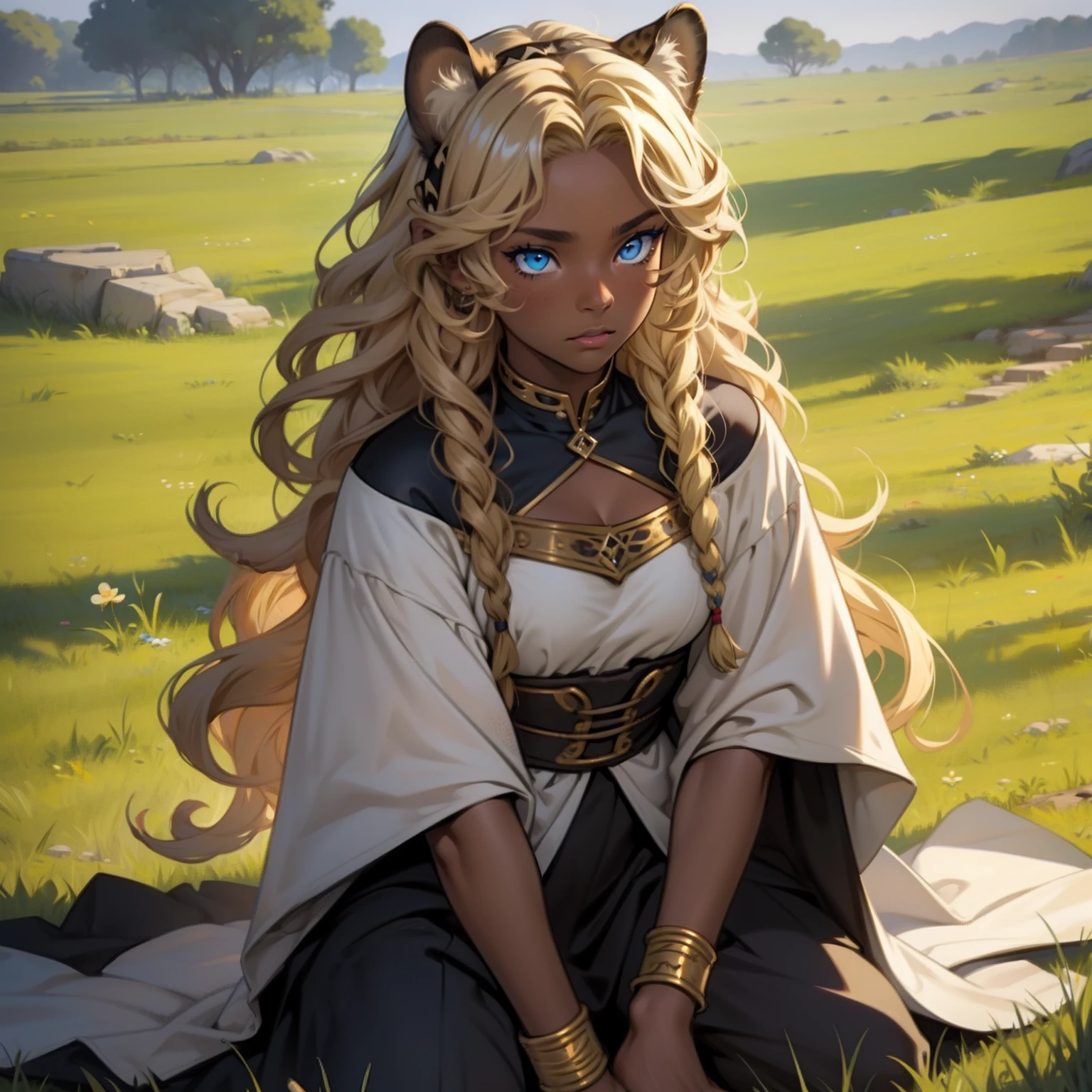 Dark Skin girl. Leopard girl. Blue eyes. Blond hair. Dark skin girl. Medieval art. Curly Hair. Curly Blond Hair. Alone. DARK SKIN. Leopard Ears. ???. Grass background