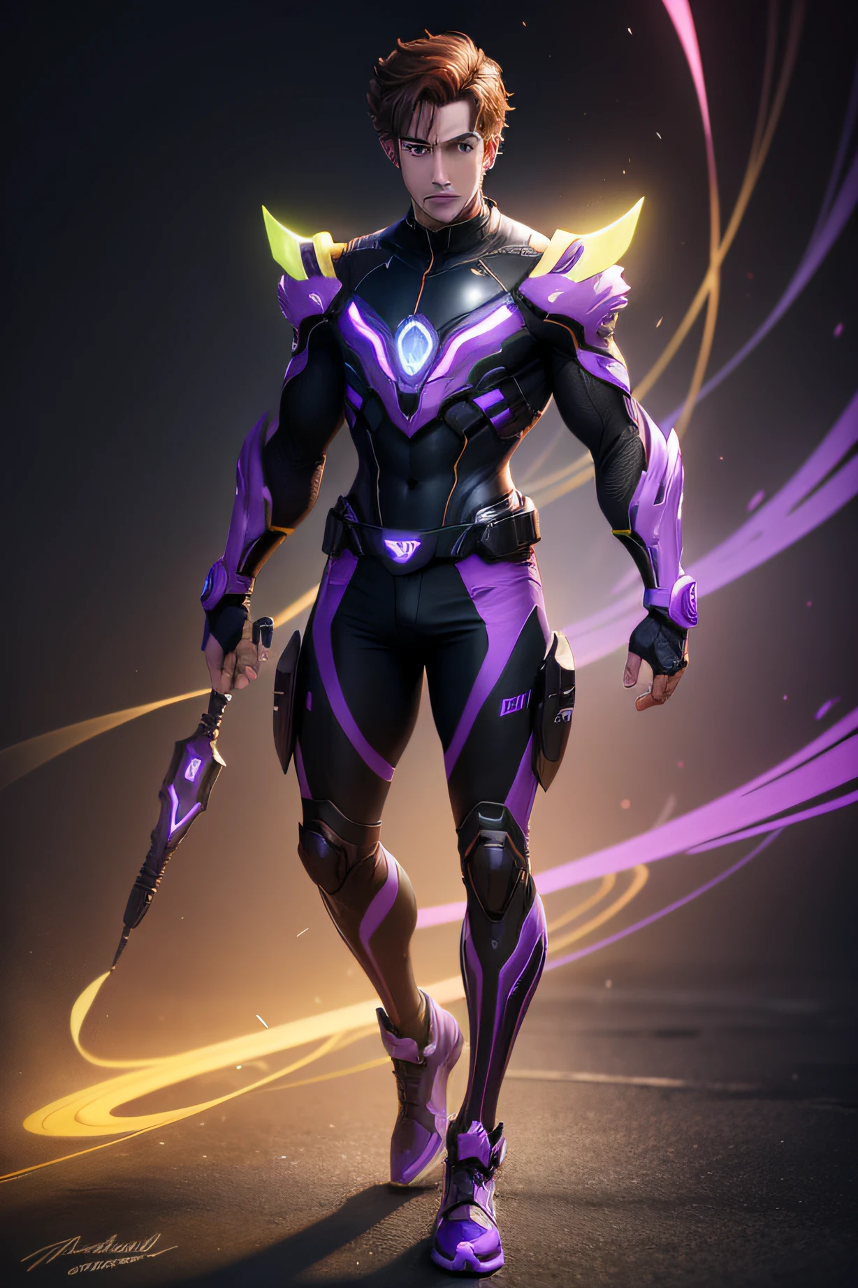 arafed image of a man, blue eyed, modeled in signature poser, brown hairs, full body single character, full body character, single character full body, maxwell render, full body render, male character, neon yellow and purple highlights to specific parts of the character, like hair tips, clothing accents, or accessories, Surround the man with animated neon accents, like swirling particles or streaks of light in yellow and purple, background is a gradient of neon yellow and purple