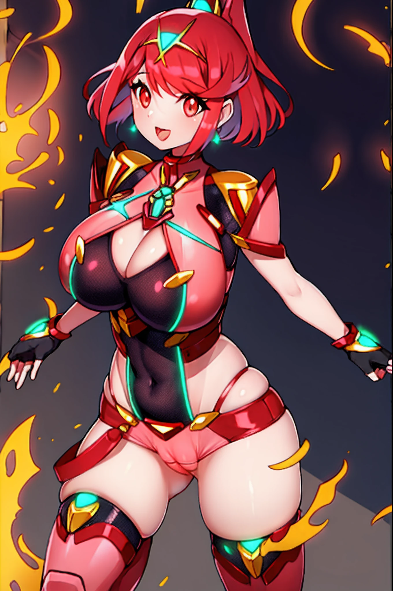 pyra \(xenoblade\), _1girl, loliarmor, bangs, black gloves, breasts, red eyes, light_open_mouth, earrings, eyelashes, fingerless gloves, floating hair, framed breasts, gem, gloves, hair ornament, headpiece, jewelry, big_breasts, leaning back, leotard, neon trim, official art, pose, red hair, red shorts, saitou masatsugu, short hair, short shorts, short sleeves, shorts, sidelocks, skin tight, solo, swept bangs, thighhighs, tiara, prairie_background, turtleneck, underbust, vambraces, xenoblade chronicles \(series\), (xenoblade chronicles 2), (spread_legs:1.1), fire_effect,dynamic_pose,fighting,light_smile, (plump:1.4), big_ass,huge_sword, hold_large_sword_hilt, covered_nipples, (covered_pussy:1.2),cameltoe,back_view, fists,ponytail,plump,beautiful_fingers,(solo:1.1),selfie