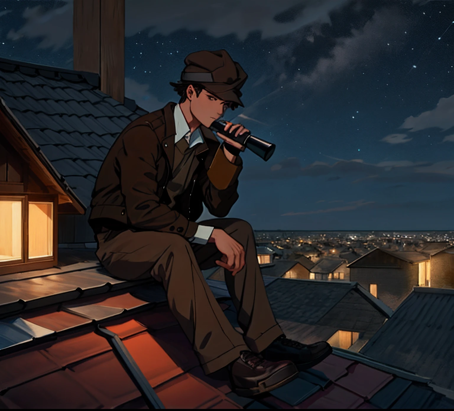 A man sits on the roof with binoculars in his hand, in a brown jacket at night, A man sits at night on the roof of a house, hiding in the rooftops, Sitting on the roof, on roof, work of art, Atmospheric art