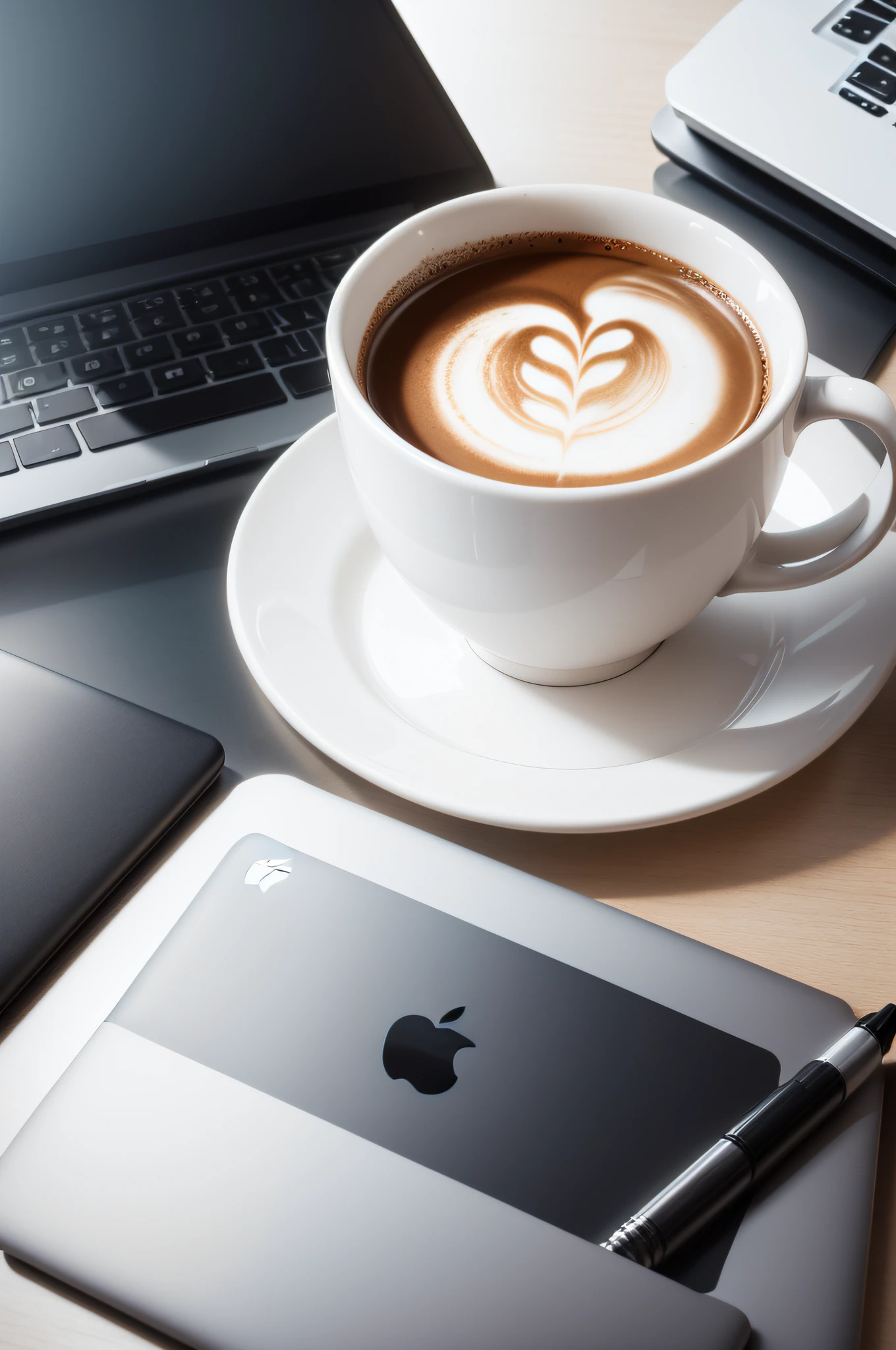 imagem realista e minimalista de um laptop da marca apple, on top of a table next to a modern coffee cup, e um vaso com flores