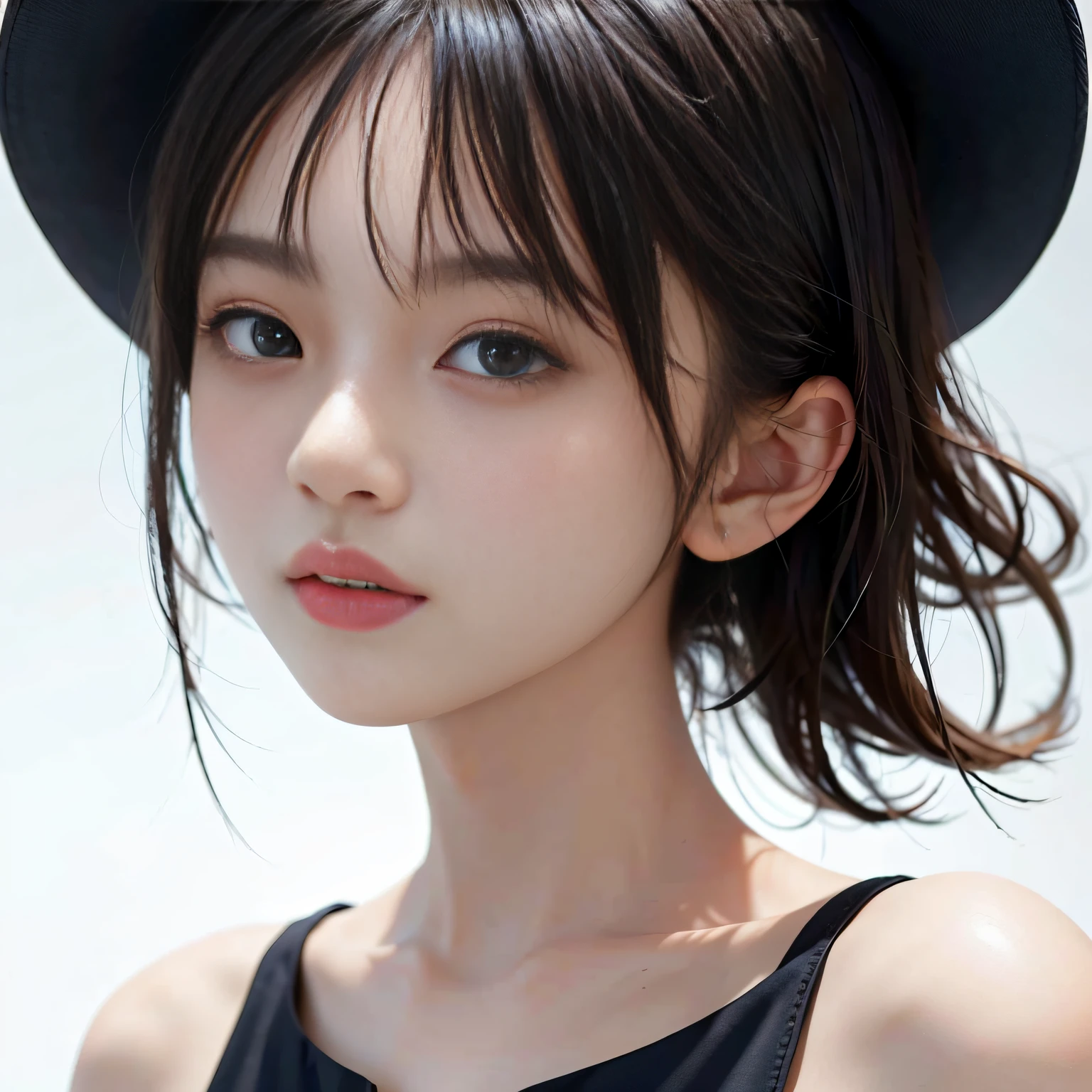 Masterpiece, 1 Beautiful Girl, Detailed Eyes, Swollen Eyes, Top Quality, Ultra High Resolution, (Reality: 1.4), Original Photo, 1Girl, Cinematic Lighting, Japanese, Asian Beauty, Korean, Very Beautiful, Beautiful Skin, Slender, Body Facing Front, (Ultra Realistic), (High Resolution), (8 K), (very detailed), (best illustration), (beautifully detailed eyes), (super detailed), detailed face, looking at viewer, facing straight ahead, neat clothes, sleeveless, short hair, black hair, 46 point slanted bangs, white background, neat room,