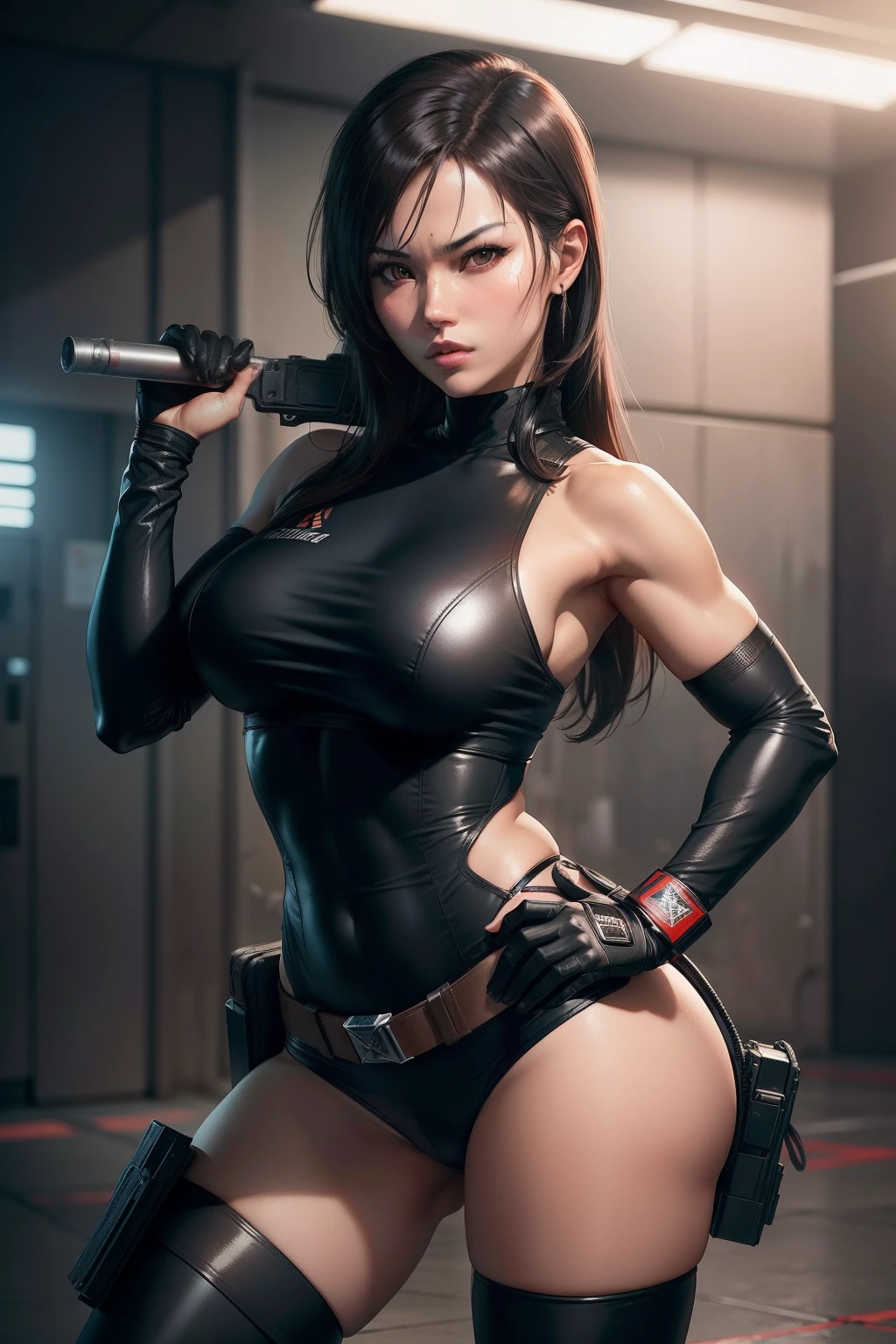 Sexy asian woman in leather outfit holding a gun and posing, Tifa Lockhart, assassina feminina bonita, Tithi Luadthong, sbikini + equipamento militar esfarrapado, Tifa, com fuzil, Retrato sedutor de Tifa Lockhart, quiet from metal gear solid, badass anime 8 k, silencioso de metal gear solid v, pose sexy, Alena Aenami e Artgerm