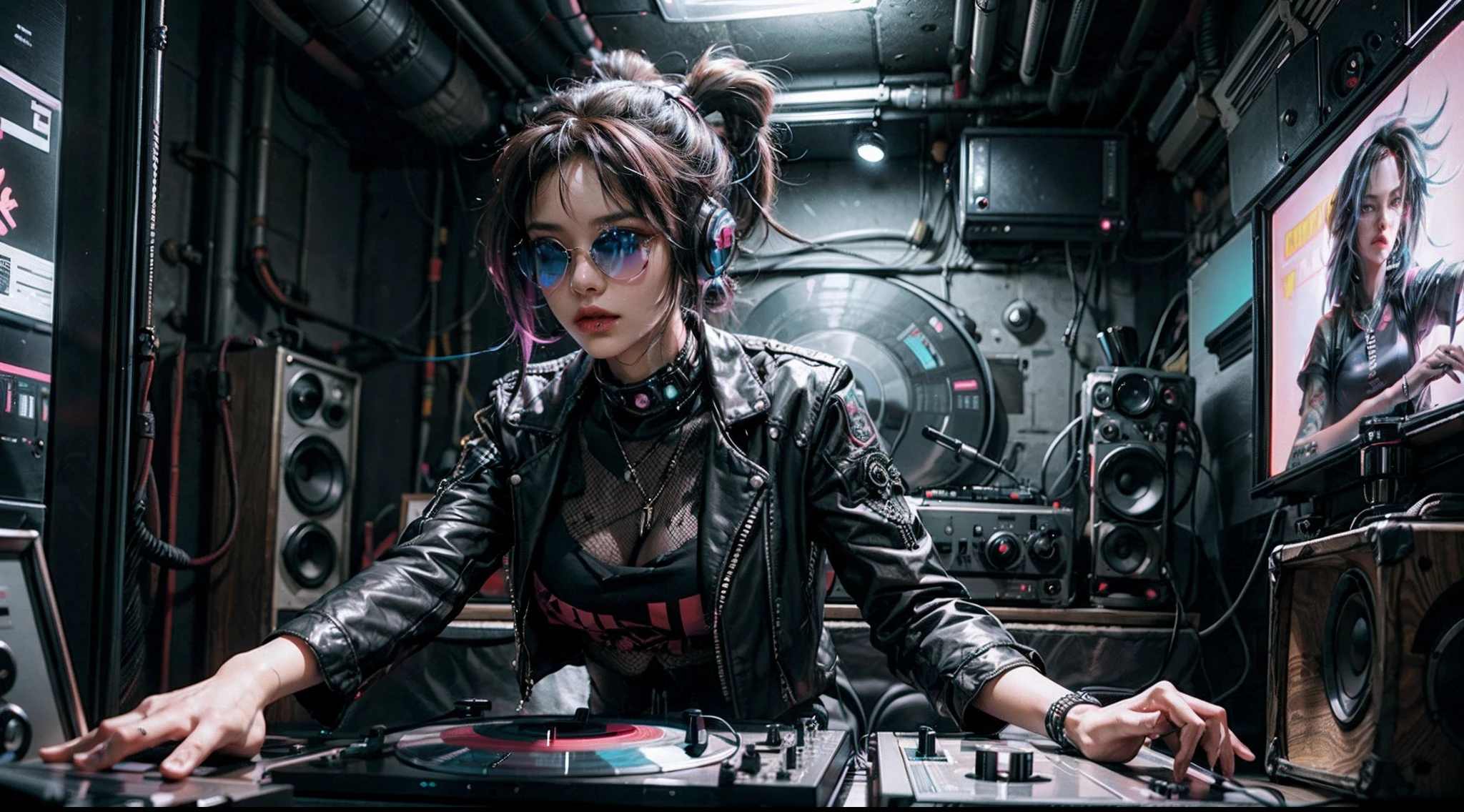 "Cyberpunk DJ Girl With Cool Head Set,Front view ,jaqueta aberta fresca e camisa top de corte, rocking sunglasses, dois grandes alto-falantes LED brilhantes de cada lado, imerso em um ambiente iluminado por neon, vinyl record on turntable with music mixer and turntable in front of it, Exuding an electrifying disco vibe in a futuristic nightclub."
