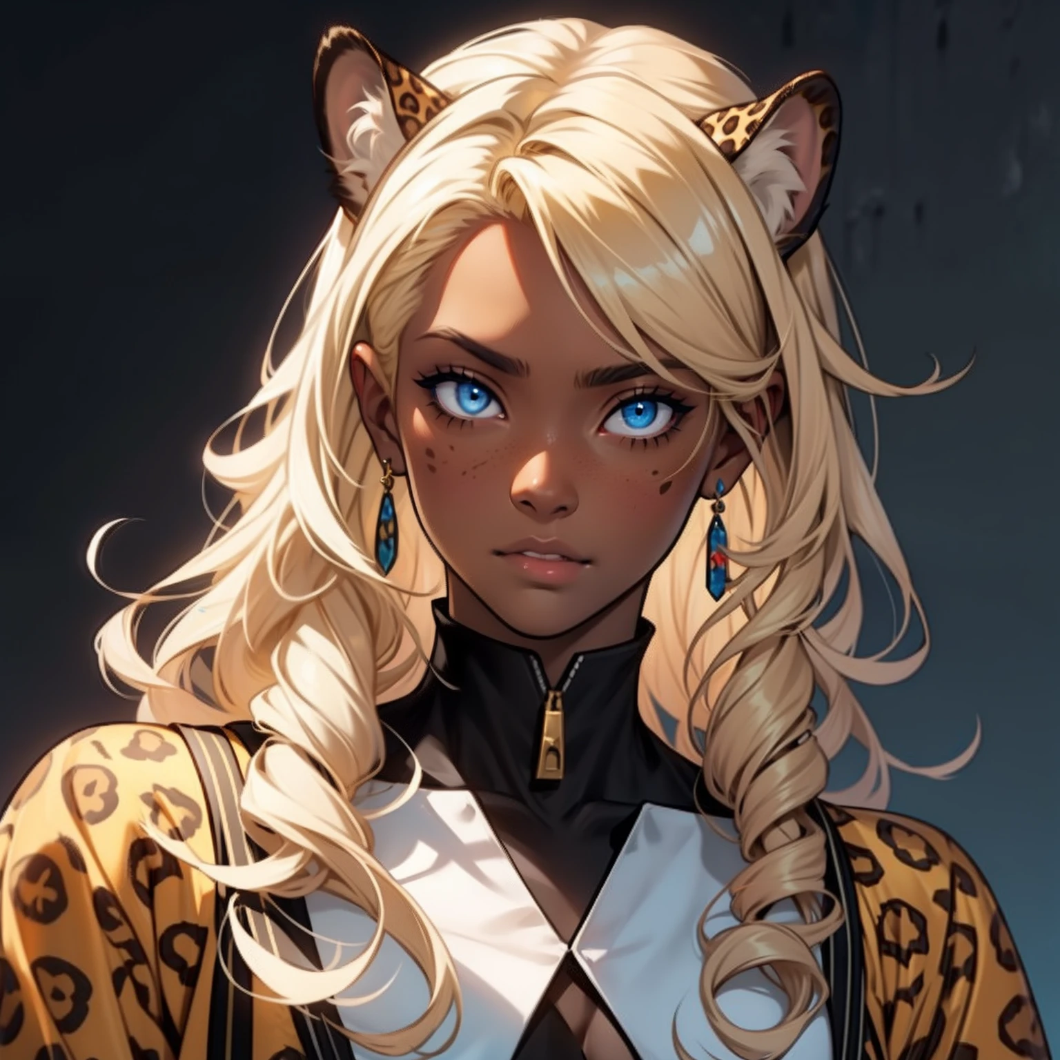 Dark Skin girl. Leopard girl. Blue eyes. Blond hair. Dark skin WomanMedieval art. Curly Hair. Curly Blond Hair. Alone. DARK SKIN. Leopard Ears.