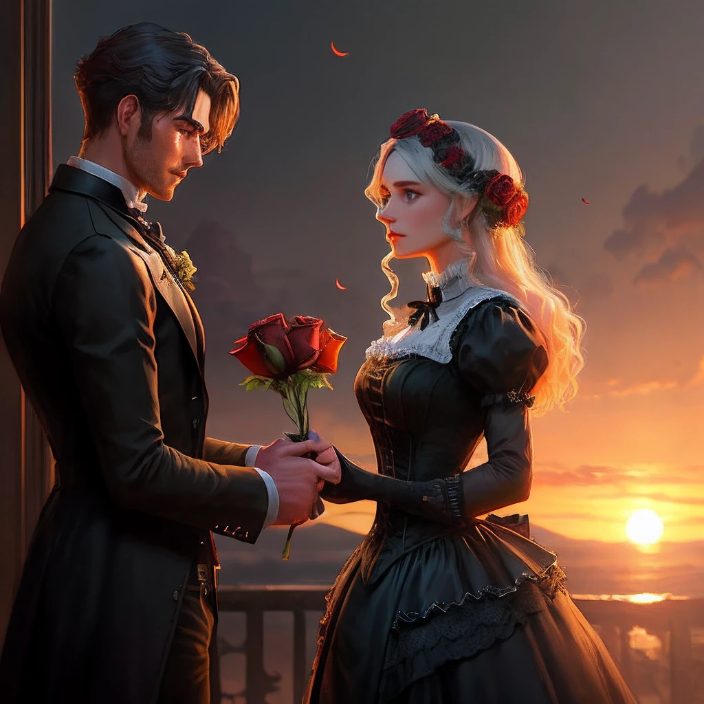 A handsome man giving a red rose to beautiful woman, both wearing victorian gothic steampunk clothes, intricate costume design,  intricate victorian dress, steampunk clothes, steampunk era, magic and steampunk inspired, Photorealistic, Gothic Sunset Background, Oil Painting By Greg Rutkowski, Unreal Engine, Intricate, 8k, Epic Composition