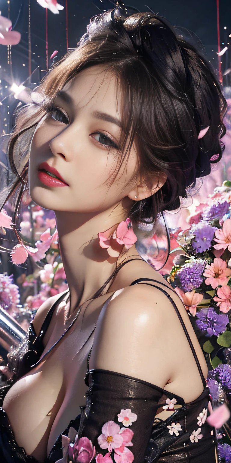 stunning beauty, Aesthetic, Oil painting style, thick coating, Women with incomparable style, Exquisite facial makeup, Black hair, long hair and waist, long eyelashes, Dark brown pupil eyes, exquisite nose, Lip balm, Inseparable strands, Beautiful posture, Graceful curves, Plump ideal type, Super special exaggerated huge breast weight, Bold, Elegant, Extravagant artistic acts, romanticism, (Fractal Art), Vibrant colors, Sunny glare smooth skin, Professional photo close-ups, Brutalist design, Explore Victoria's Secret, blush, flower petals, Vivid colors, The most beautiful chaotic shapes, Colorful, Colorful and magnificent, From above, from the front side