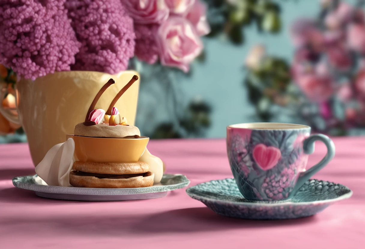 Mesa pequena, with a cup of tea, vinho, chocolates, 8K, Foto profissional, Delicado, Claro, Na mesa, Dentro da casa, , Obra-prima, ((Bonito))), Fashionable cup of tea, (Realidade),