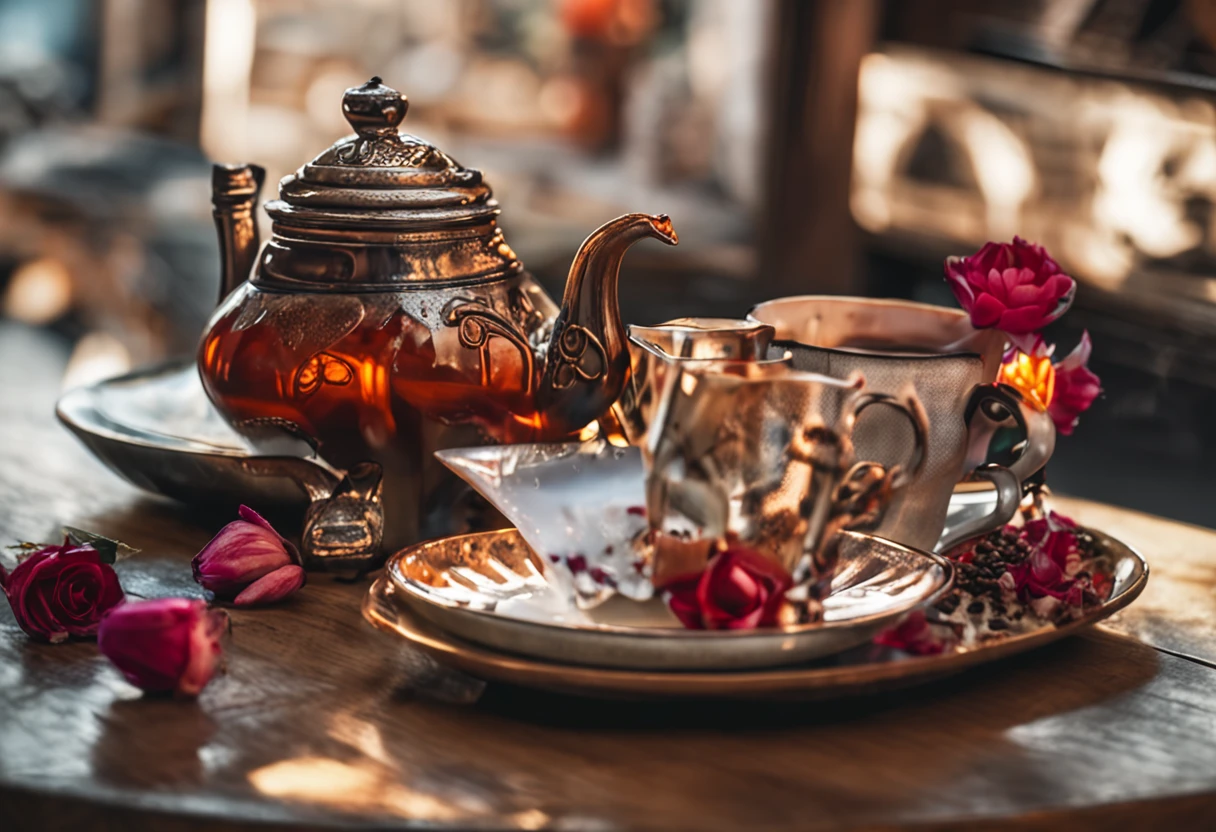 Mesa pequena, with a cup of tea, vinho, chocolates, 8K, Foto profissional, Delicado, Claro, Na mesa, Dentro da casa, , Obra-prima, ((Bonito))), Fashionable cup of tea, (Realidade),