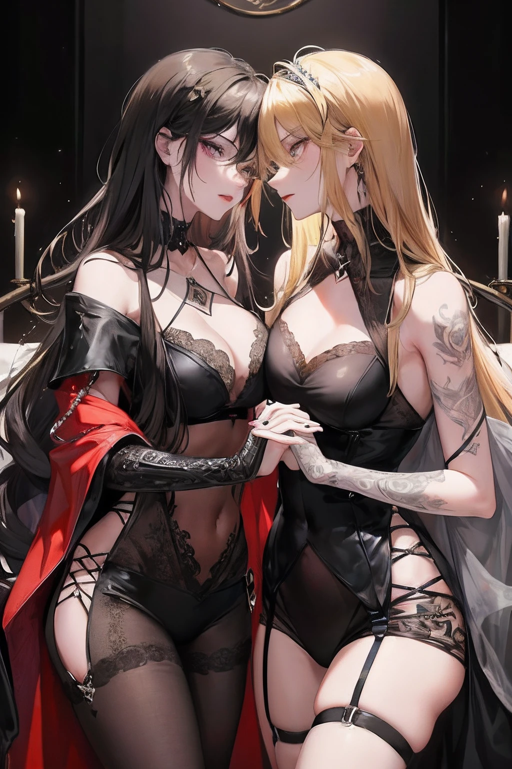 In the background is a Q of Spades playing card,In the background are two mature women embracing each other,The woman has tattoos on her body,Blackn clothes,golden hair,One of them, the woman's eyes were grim,The other woman had a charming look。