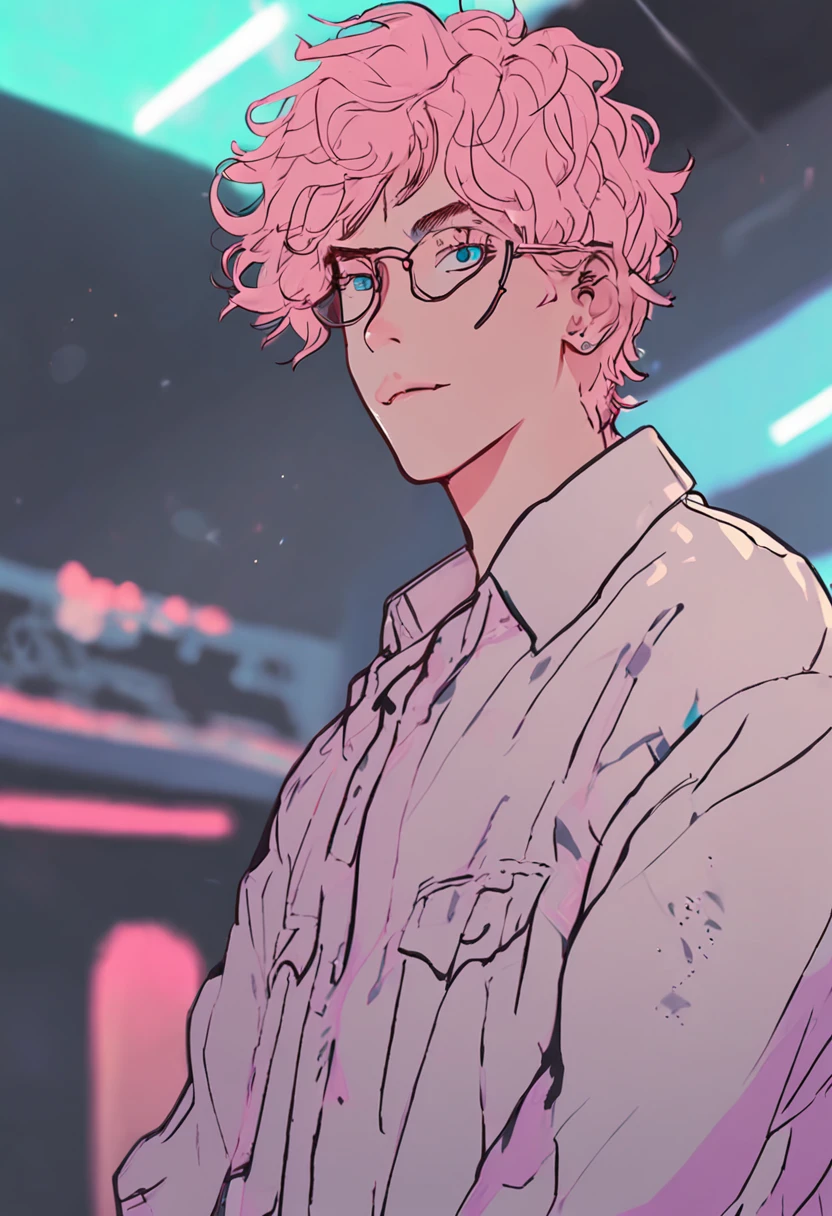 Close-up of a 22-year-old boy with glasses on his head, Short pink hair，Hair three or seven points，The background is modified to light blue，lofi portrait, Praise Artstyle, Retro anime boy,