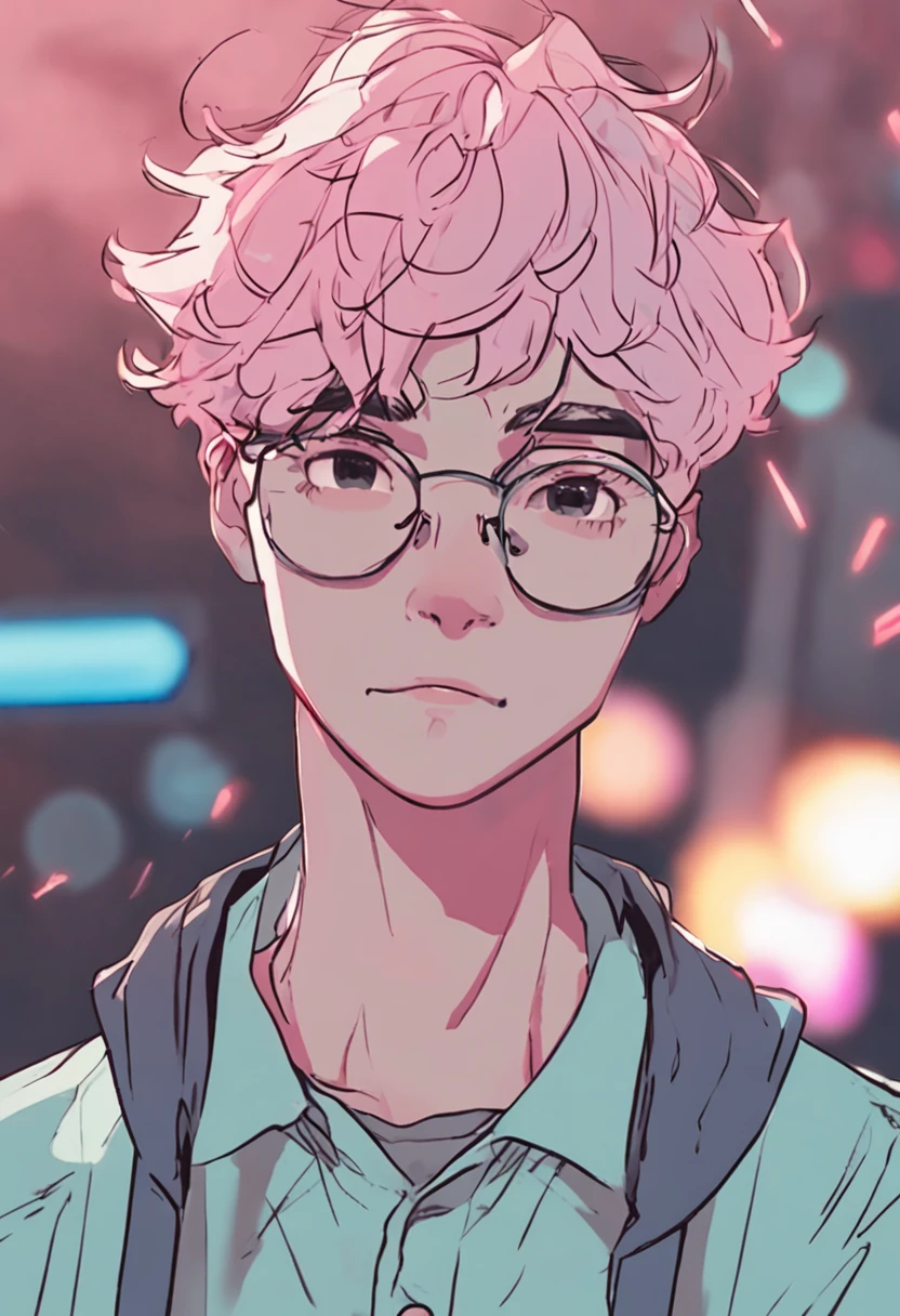 Close-up of a 22-year-old boy with glasses on his head, Short pink hair,Hair three or seven points,The background is modified to light blue,lofi portrait, Praise Artstyle, Retro anime boy,