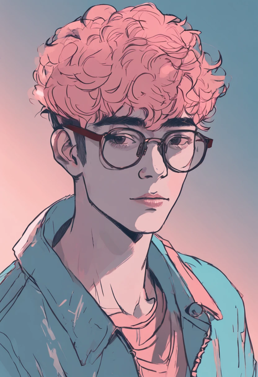 Close-up of a 22-year-old boy with glasses on his head, Short pink hair,Hair three or seven points,The background is modified to light blue,lofi portrait, Praise Artstyle, Retro anime boy,