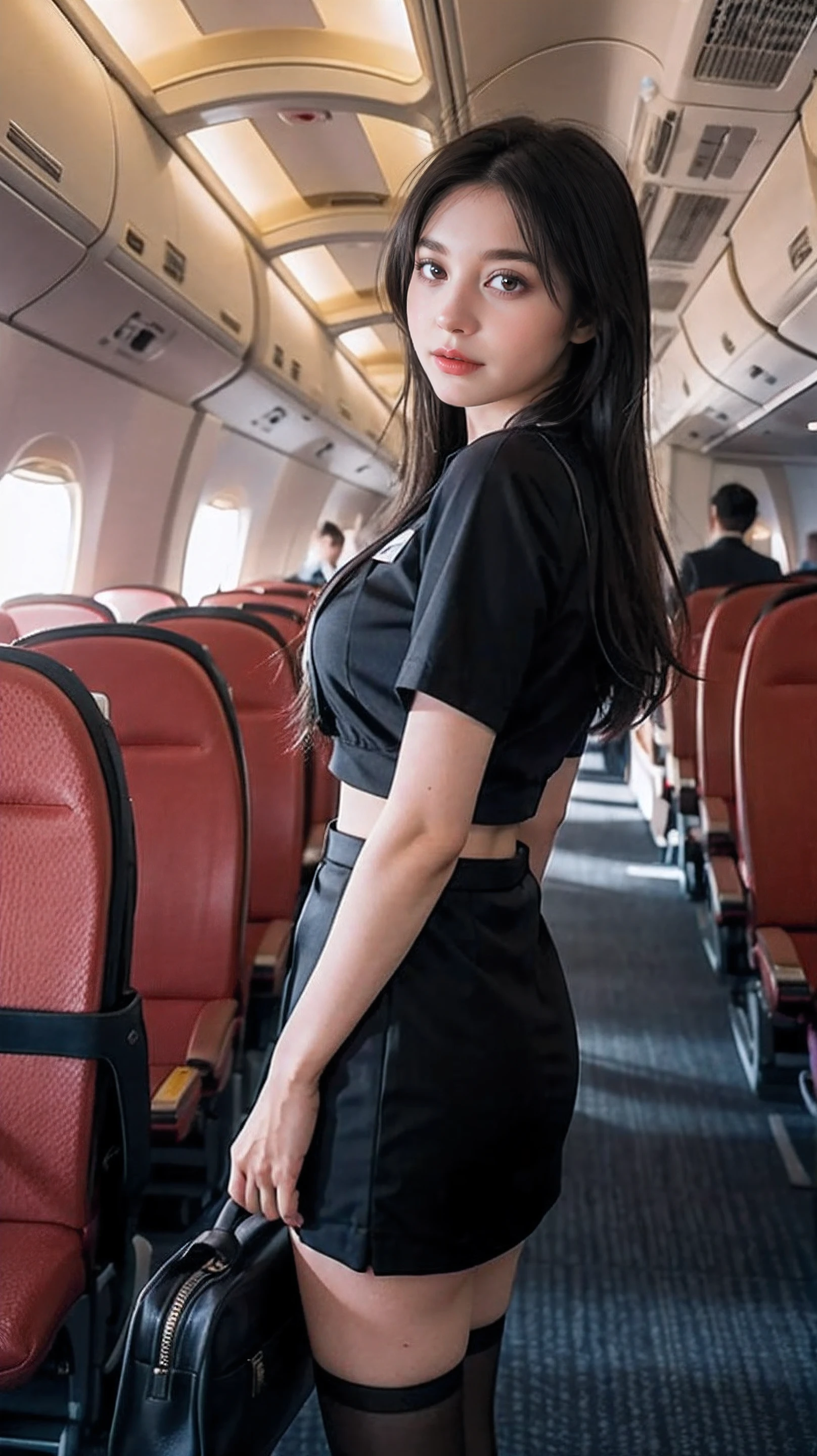 top Quority, tmasterpiece, 8K, hyper HD, (realisticlying: 1.4), 1 rapariga, beauitful face, symetrical eyes, The large, perfect proportion of body,flightattendantuniform,Black hip skirt,black pantyhoses, flightattendantuniform, The look of the audience, (inside airplane: 1.2), up front view, Shoulder jumping, Absolute area (1.3),