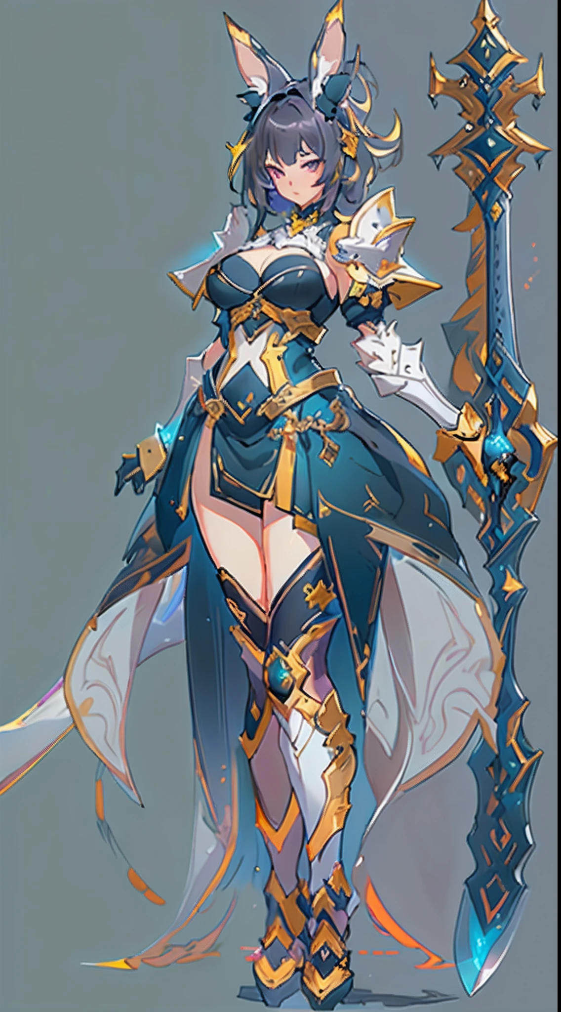 Design a layout showcase Gaming character, ((1girl)), assasin:1.4, Golden+Purple clothes, (big_boobs, big_ass), Black_Desert_style, stylish and unique, ((showcase weapon:1.4)), magic staff, (masterpiece:1.2), (best quality), 4k, ultra-detailed, (Step by step design, layout art:1.5), (luminous lighting, atmospheric lighting), Final Fantasy style, magican, ((glove full hands)), fran, viera, (((revealing clothes:1.3))), vambraces, armored legwear, (((full_body_shot:1.4))), Niji, back_view, T_pose, levitating, hovering