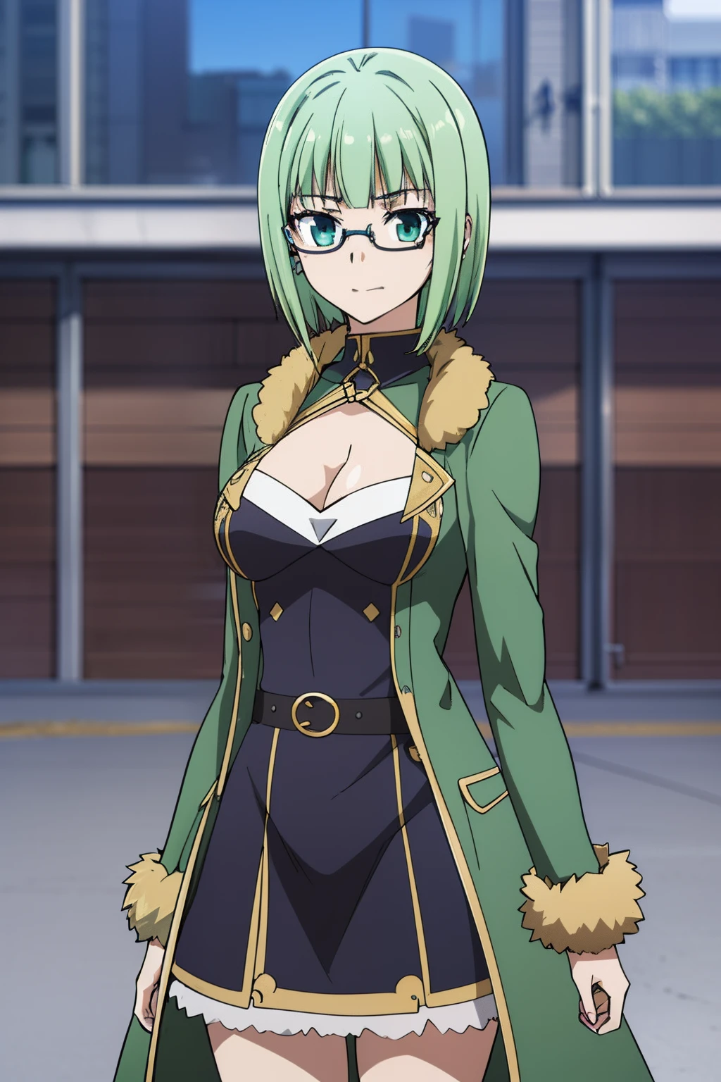 1girl,masterpiece, 8k,semi-realistic,4k,RTX,shaders,brilliant texture work, (tall)), ((medium breast)), belt, masterpiece, best quality, ((glasses)), green fur jacket, blue dress, (blue-framed eyewear:0.9), green hair, yellow hair, arrogant,