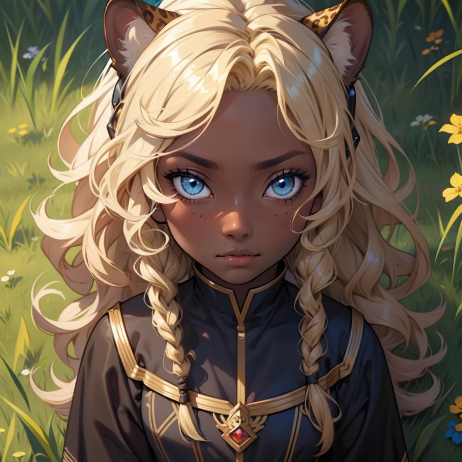 Dark Skin girl. Leopard girl. Blue eyes. Blond hair. Dark skin girl. Medieval art. Curly Hair. Curly Blond Hair. Alone. DARK SKIN. Leopard Ears. Kid. Grass background