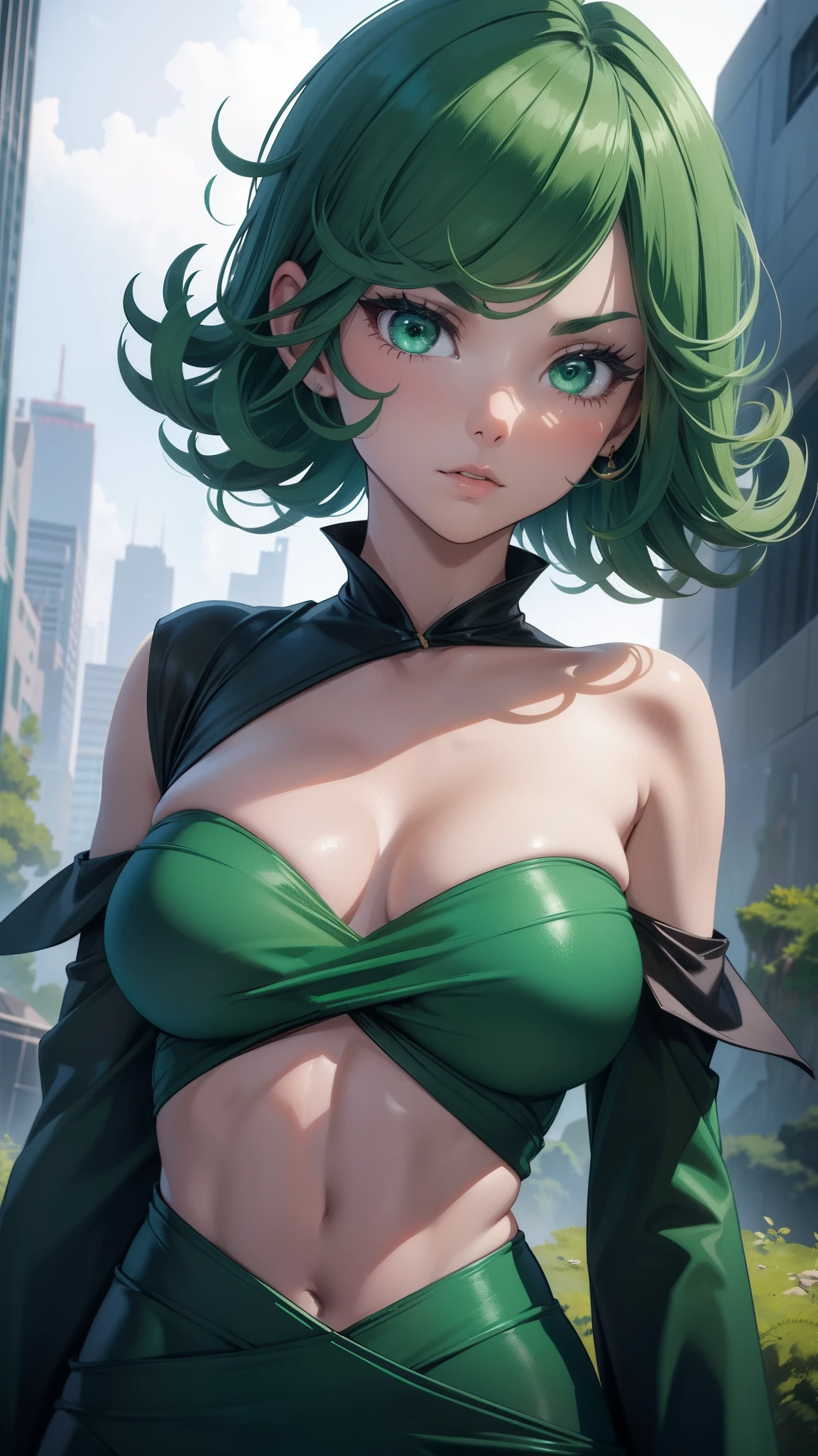 (best qualtiy,8K,32K,tmasterpiece,hyper HD:1.3),Green hair,1个Giant Breast Girl,perfect bodies,Super detailed face,Bust photo,Very small breasts,Black hair,Green clothes,upperbody closeup,Off-the-shoulder attire
