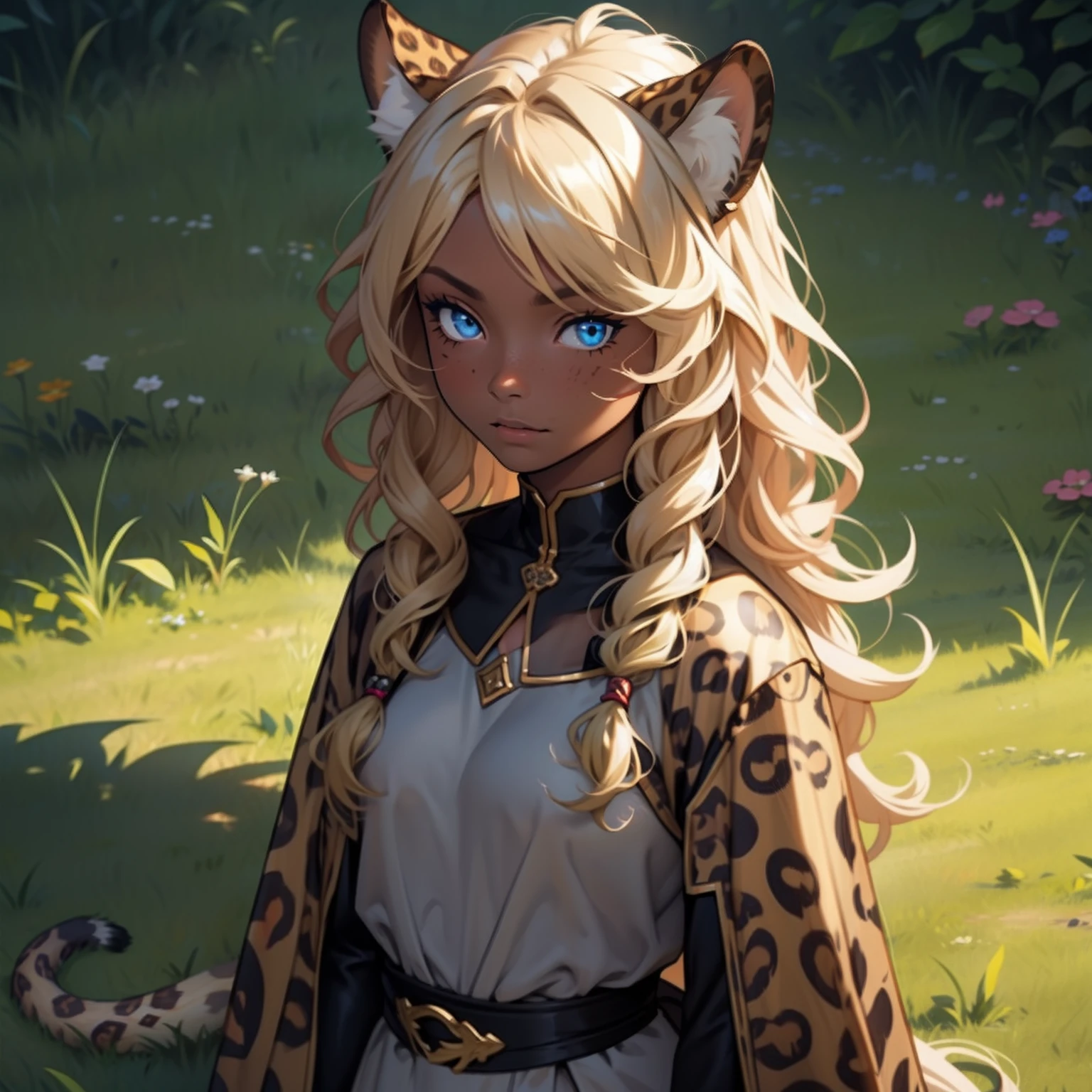 Dark Skin girl. Leopard girl. Blue eyes. Blond hair. Dark skin girl. Medieval art. Curly Hair. Curly Blond Hair. Alone. DARK SKIN. Leopard Ears. Kid. Grass background