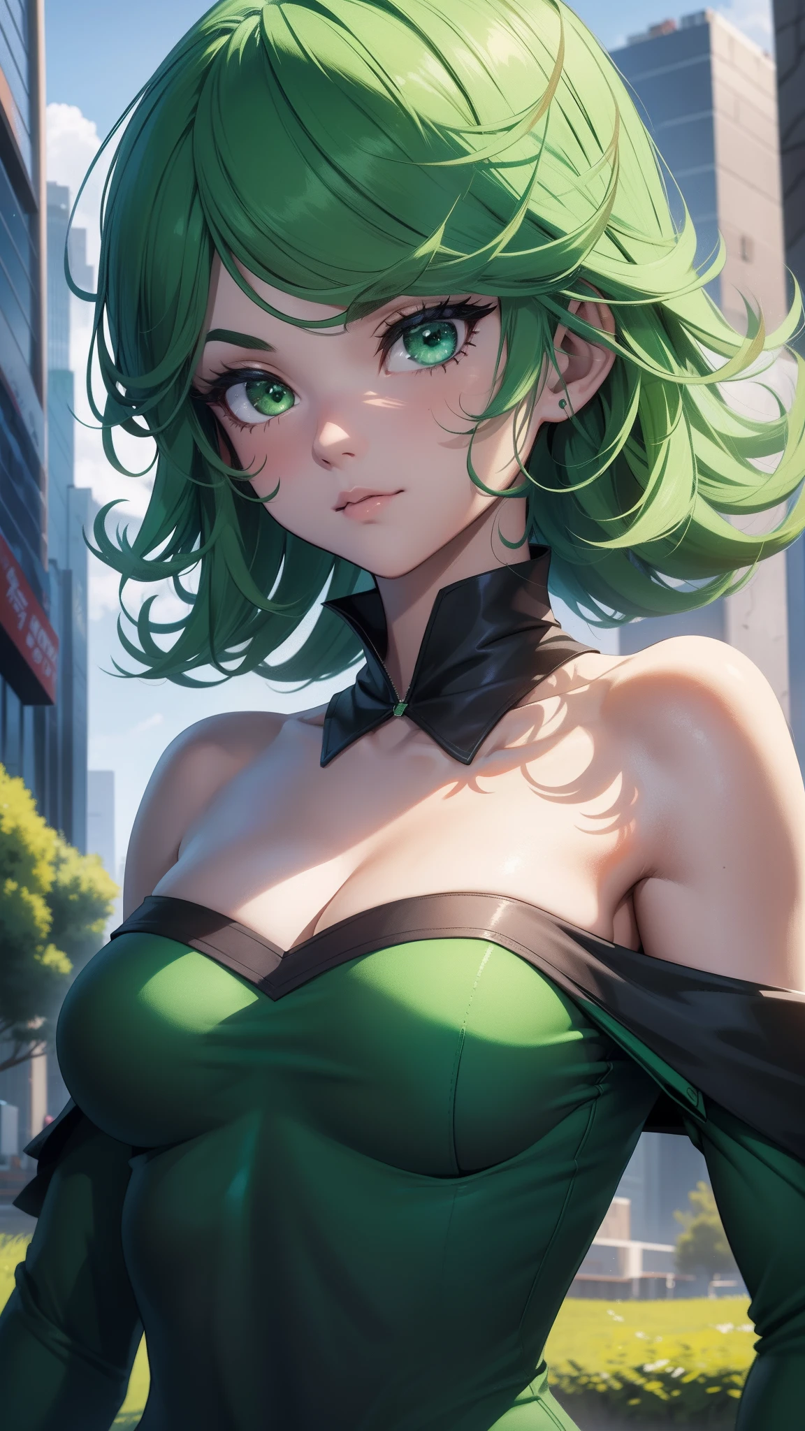 Tatsumaki （best qualtiy，8K，32K，tmasterpiece，hyper HD：1.3），Green hair，1个Giant Breast Girl，perfect bodies，Super detailed face，Bust photo，Very big breasts，Black hair，upperbody closeup，Off-the-shoulder attire, huge nude big breats, ahegao face, nude tits 