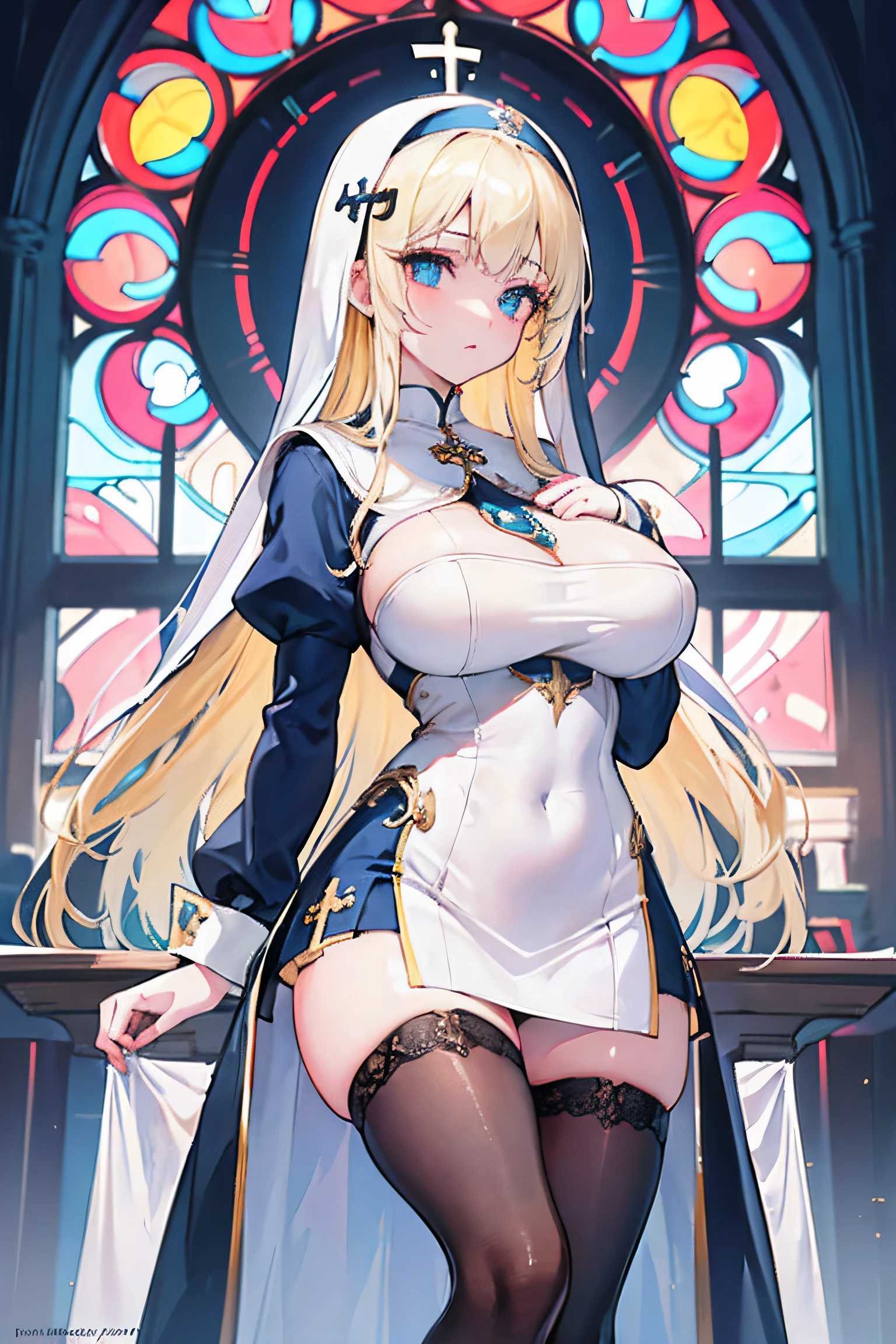 1 Girl shows white tong,Spread your legs,Gorgeous ?????? nun dress,Misty,huge tit,Long blonde hair,blue color eyes,Gorgeous hair decoration,divino,highest quality,exposing her chest,Miniskirt,Gorgeous church background with extreme details