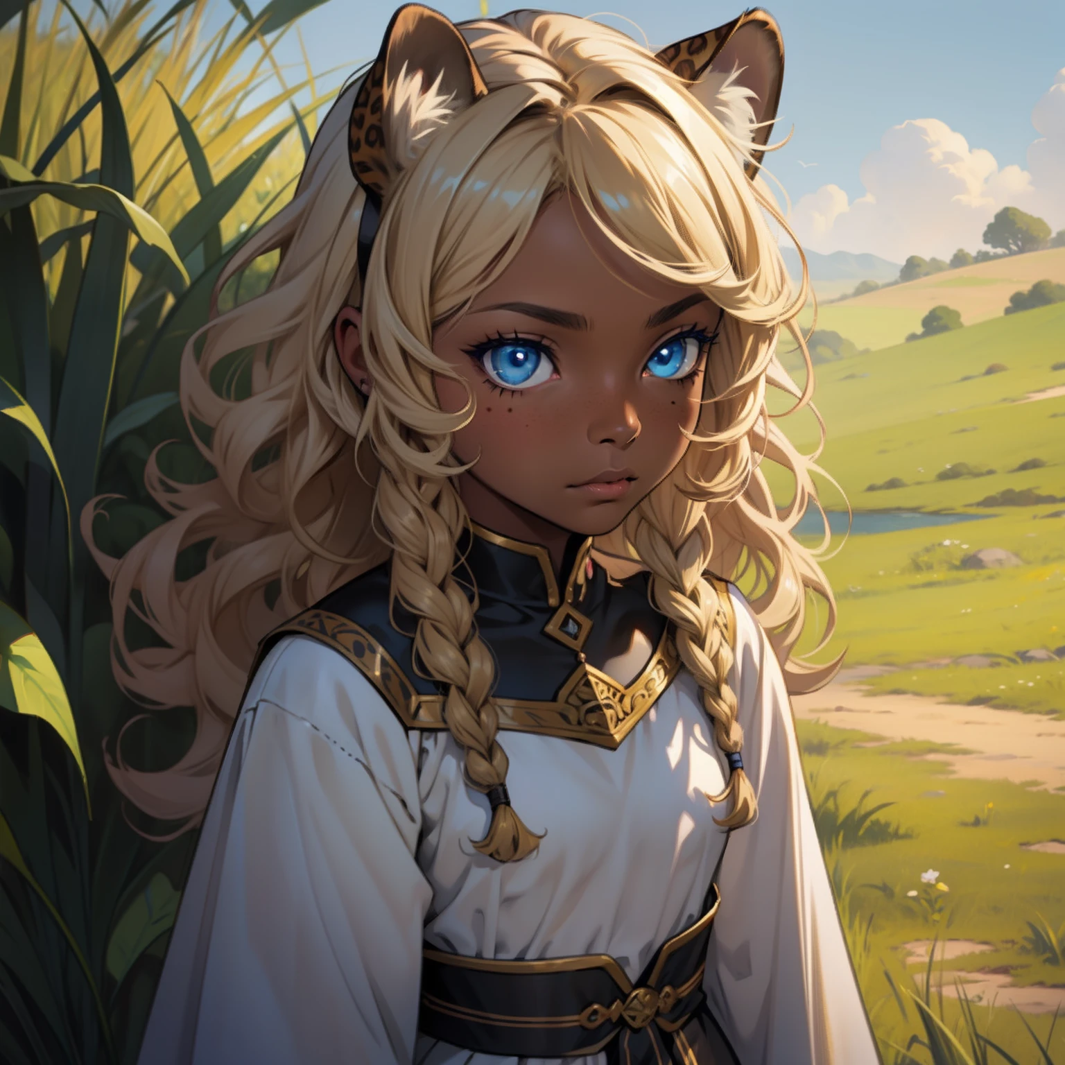 Dark Skin girl. Leopard girl. Blue eyes. Blond hair. Dark skin girl. Medieval art. Curly Hair. Curly Blond Hair. Alone. DARK SKIN. Leopard Ears. ???. Grass background