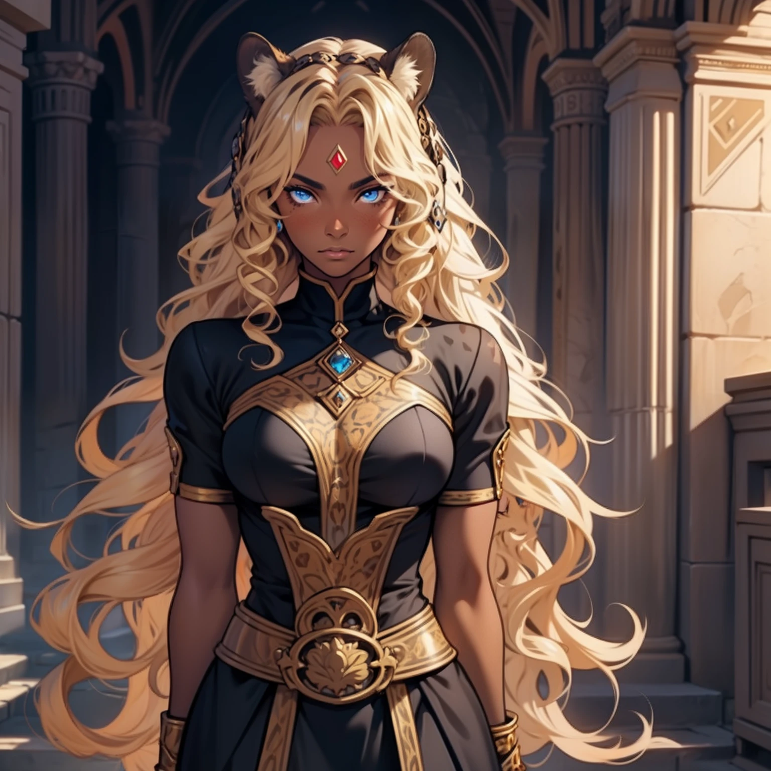 Dark Skin Woman. Leopard Woman. Blue eyes. Blond hair. Dark skin Woman. Medieval art. Curly Hair. Curly Blond Hair. Alone. DARK SKIN. Leopard Ears.