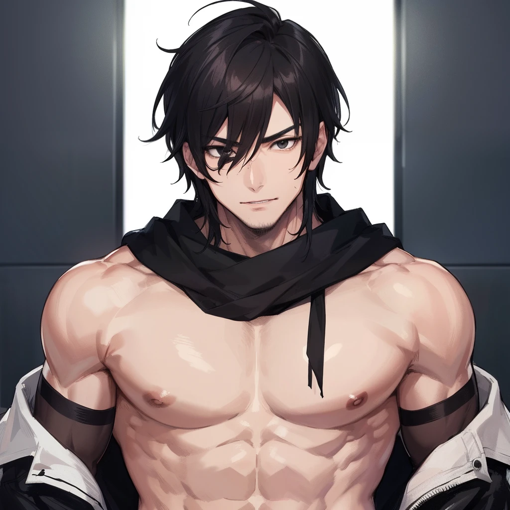 1 man, muscular A dark-haired、black eyes sexy, seductive