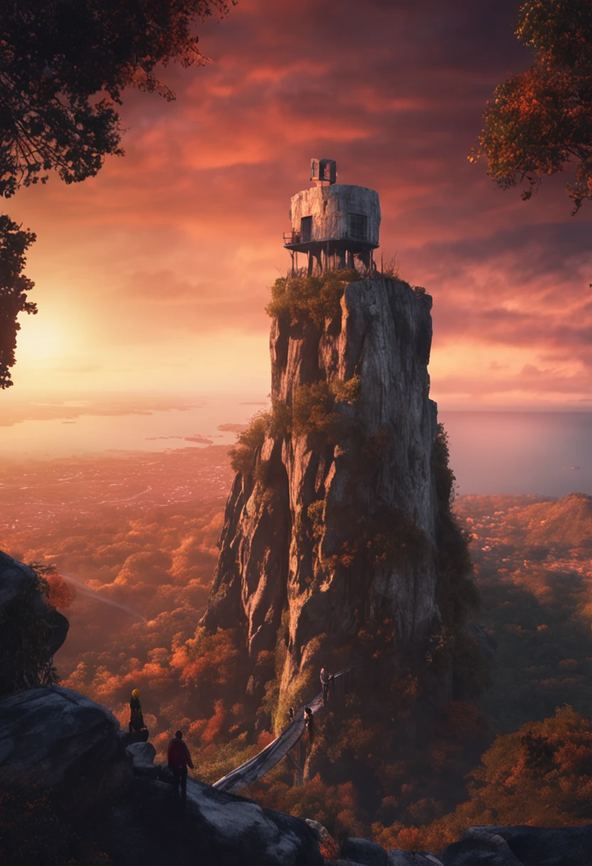 Dois homens em cima de uma torre, esta de noite, One of them reads a book while the other watches the horizon