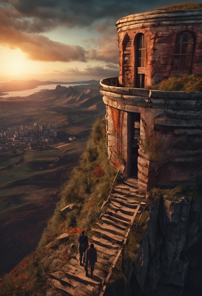 Dois homens em cima de uma torre, esta de noite, One of them reads a book while the other watches the horizon