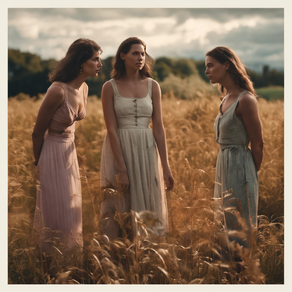 Realistic photo of instagram, detailed ugly faces, huge boobs, three german women standing in a field, soft natural volumetric light, cinematic, perfect light, low view