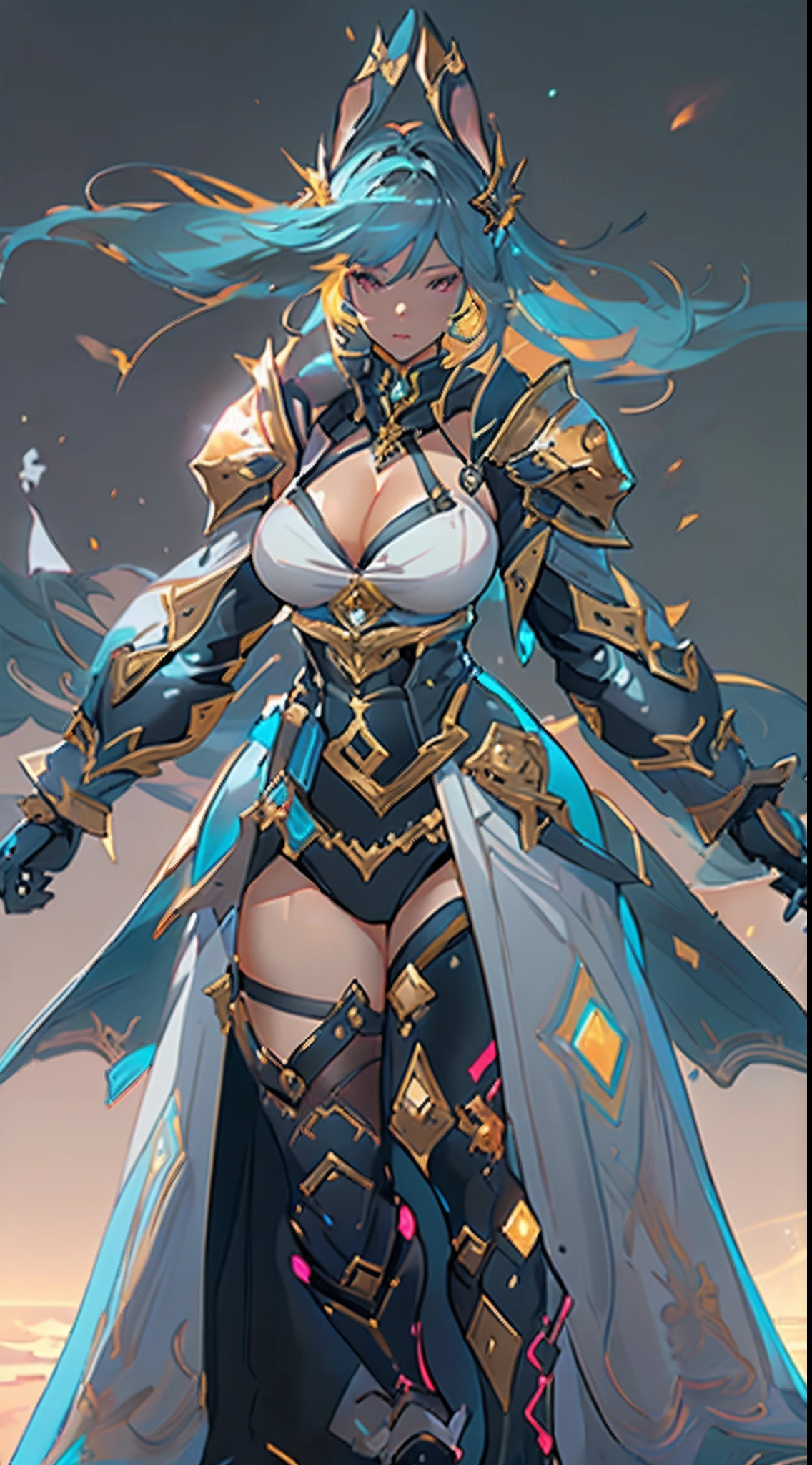 Design a layout showcase Gaming character, ((1girl)), assasin:1.4, Golden+Purple clothes, (big_boobs, big_ass), Black_Desert_style, stylish and unique, ((showcase weapon:1.4)), magic staff, (masterpiece:1.2), (best quality), 4k, ultra-detailed, (Step by step design, layout art:1.5), (luminous lighting, atmospheric lighting), Final Fantasy style, magican, ((glove full hands)), fran, viera, (((revealing clothes:1.3))), vambraces, armored legwear, (((full_body_shot:1.4))), Niji, back_view, T_pose, levitating, hovering, floating with magic wings.
