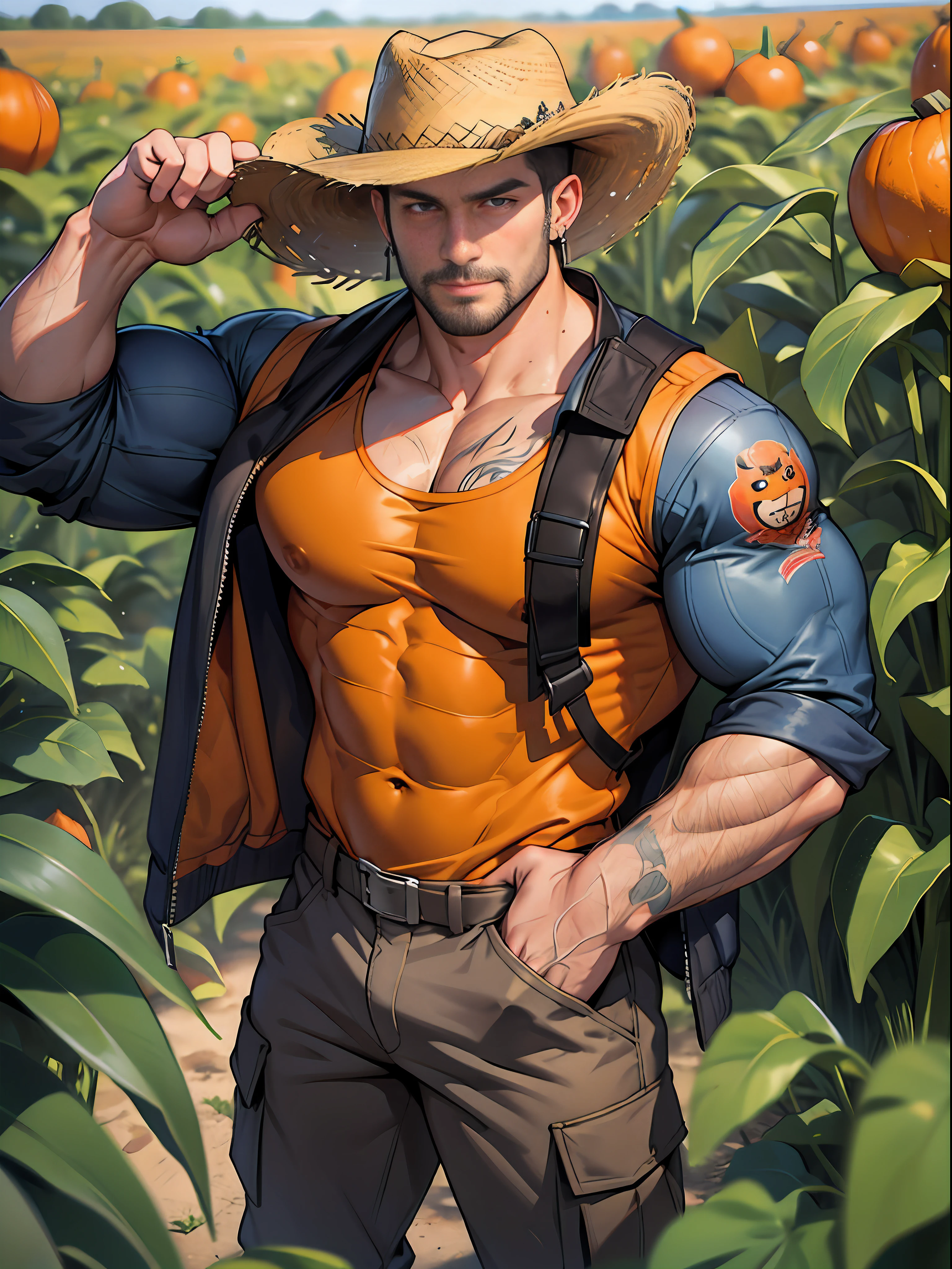 30 years old, big eyes, Chinese male, stubble, white inch, huge muscles, exaggerated muscles, mature man, muscle swelling, bodybuilding, pectoral muscles, abs, in a pumpkin field, plenty of pumpkin, tank top, cargo pants, martin boots, natural light, cowboy hat, hoe, wet body, wheat-colored skin, 1man, standing, men's stud earrings, tattoo on forearm