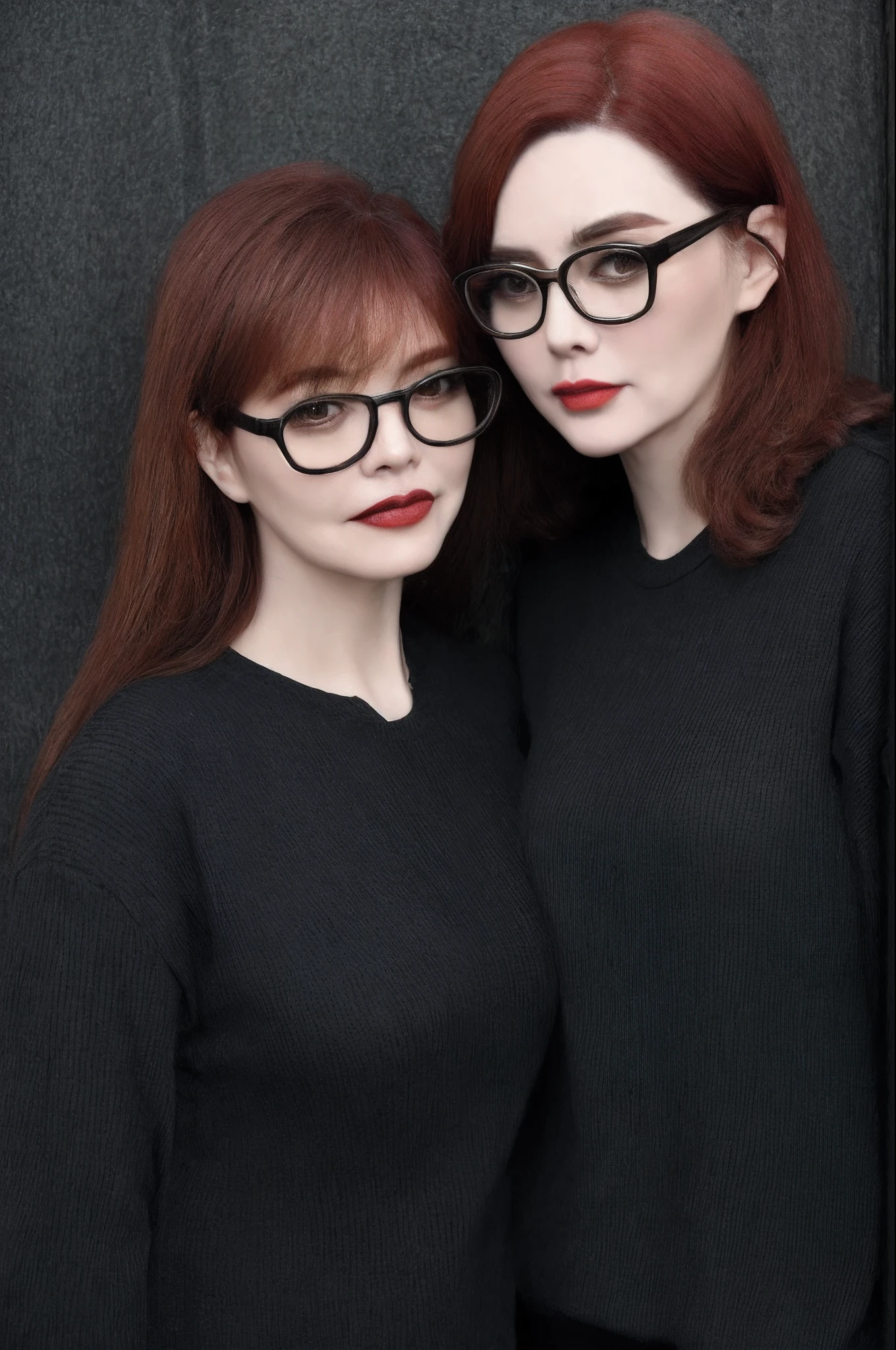 Raise my mother, dark red hair, white skin, wears glasses, honey irises, dark clothing, age 43