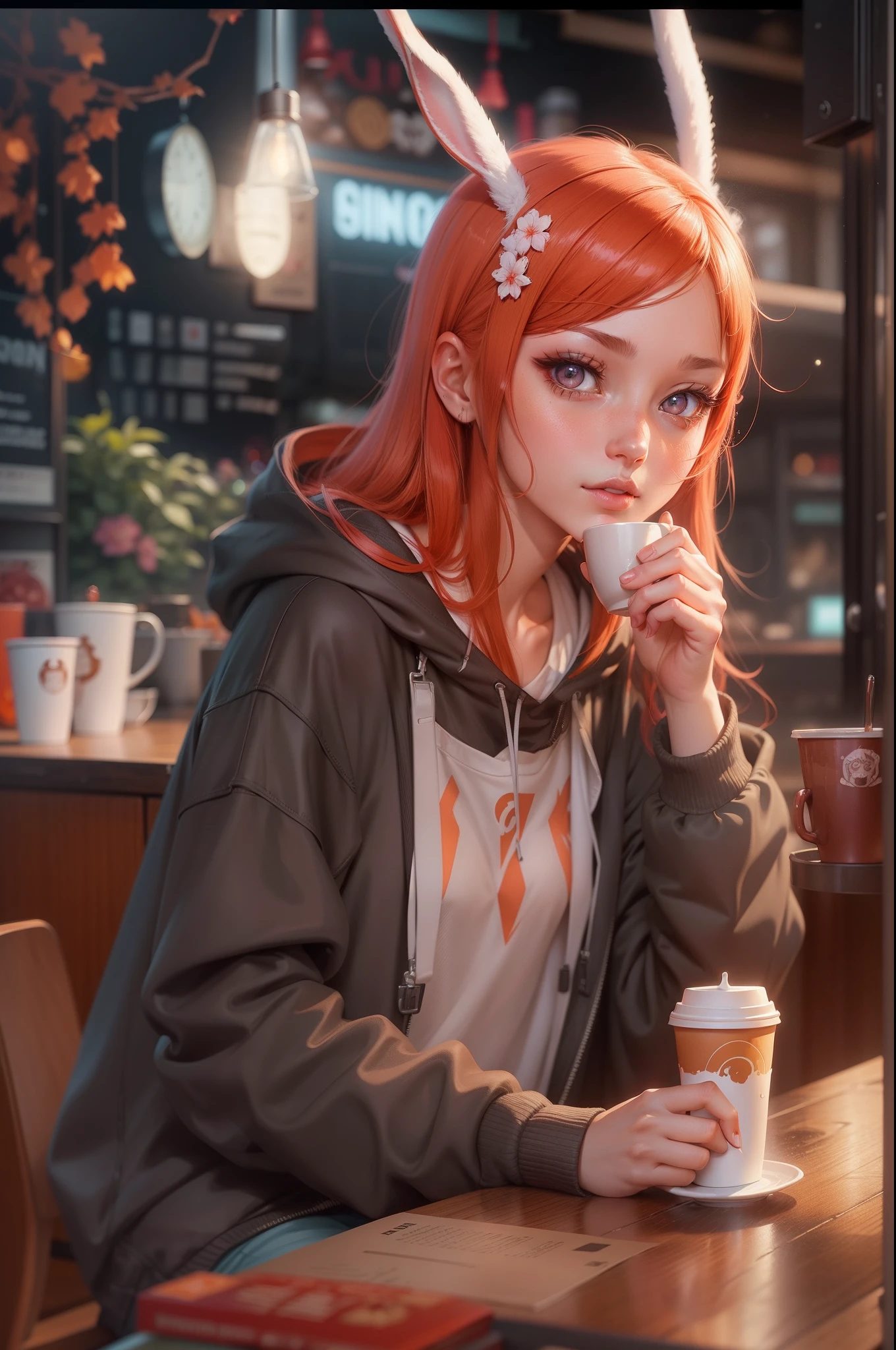 Beautiful girl with red straight hair and red eyes, long bunny ears, thumb up, Sitting in a coffee shop, during night, She wears an orange hoodie, Nostalgic and melancholic atmosphere, Cup on the table, Detailed digital anime art, Loish et WLOP, Cute anime art, Cute Anime Girls, Digital anime illustration, Inspired by WLOP, Art Station Top, hyper-detailed fantasy character, 3d anime style, high quality rendering