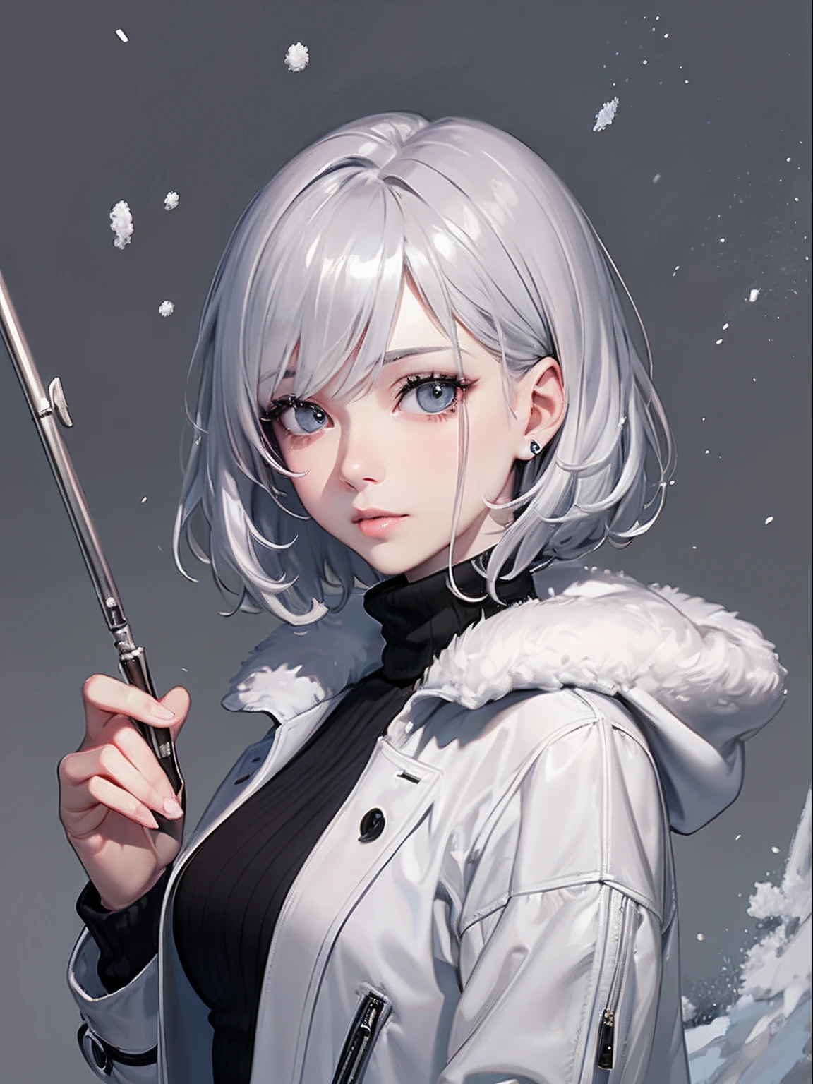 ​masterpiece、top-quality、hight resolution、High-quality images、8K、1womanl、detaileds、Detailed eye depiction、skin gloss、shiny short silver hair、Nomiya、portlate、Monochrome grayscale、Turtleneck sweater、coat、Powder snow