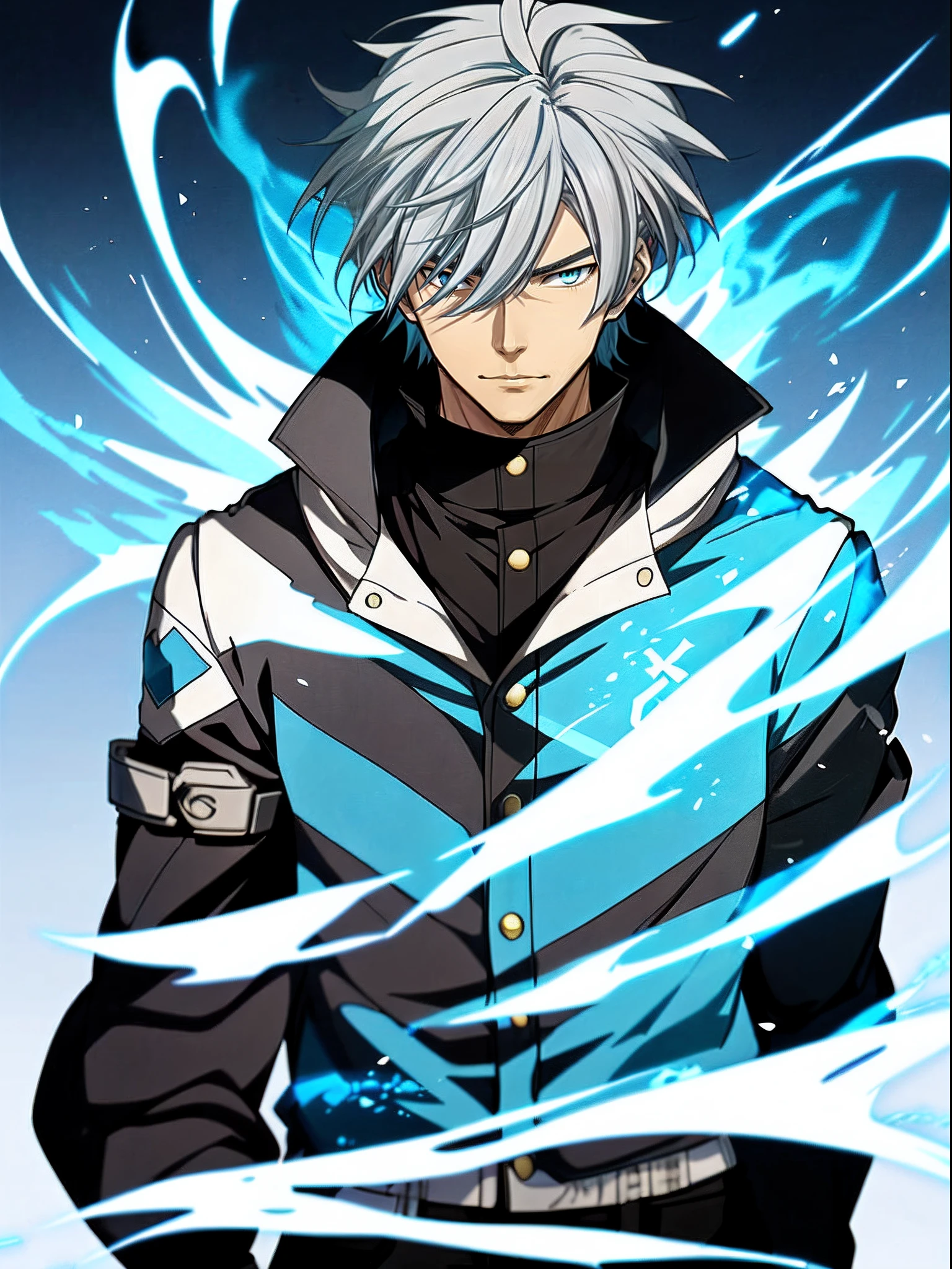 Anime image of a white-haired man wearing a blue flame in a black jacket, Shinkai sincerely, New Xiangcheng, Honest, ryuta ueda artwork, offcial art, Anime handsome man,