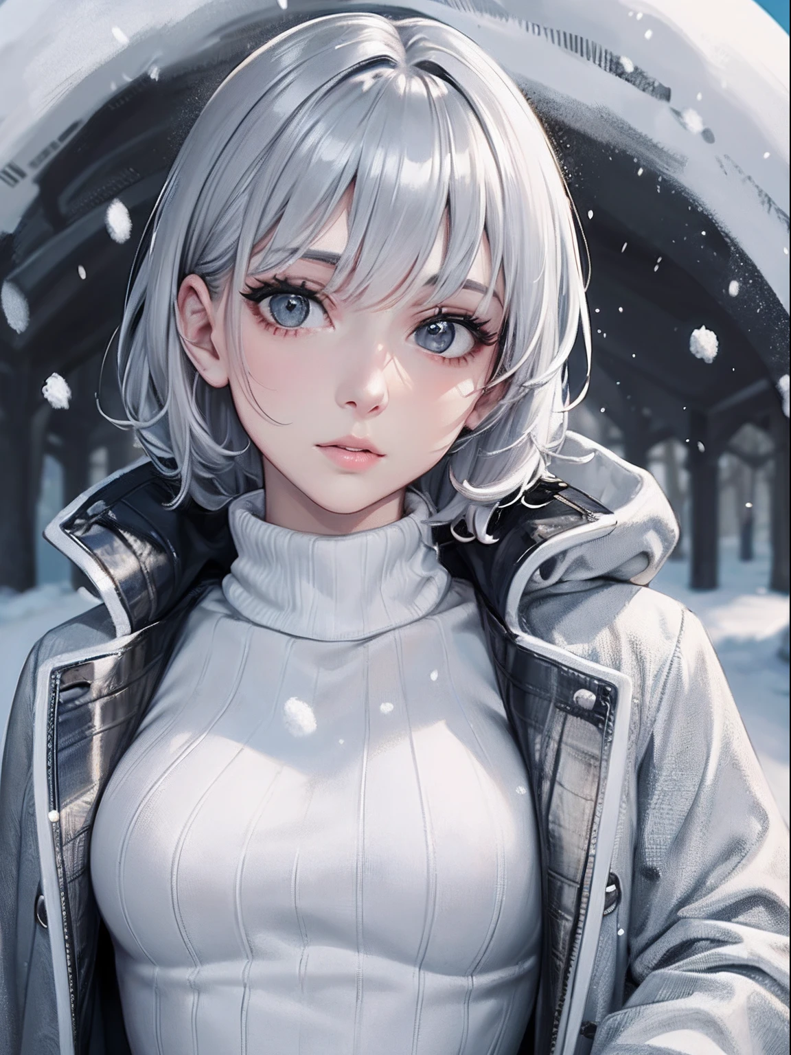 masterpiece、top-quality、hight resolution、High-quality images、8K、1womanl、detaileds、Detailed eye depiction、skin gloss、shiny short silver hair、Nomiya、portlate、Monochrome grayscale、Turtleneck sweater、coat、Powder snow