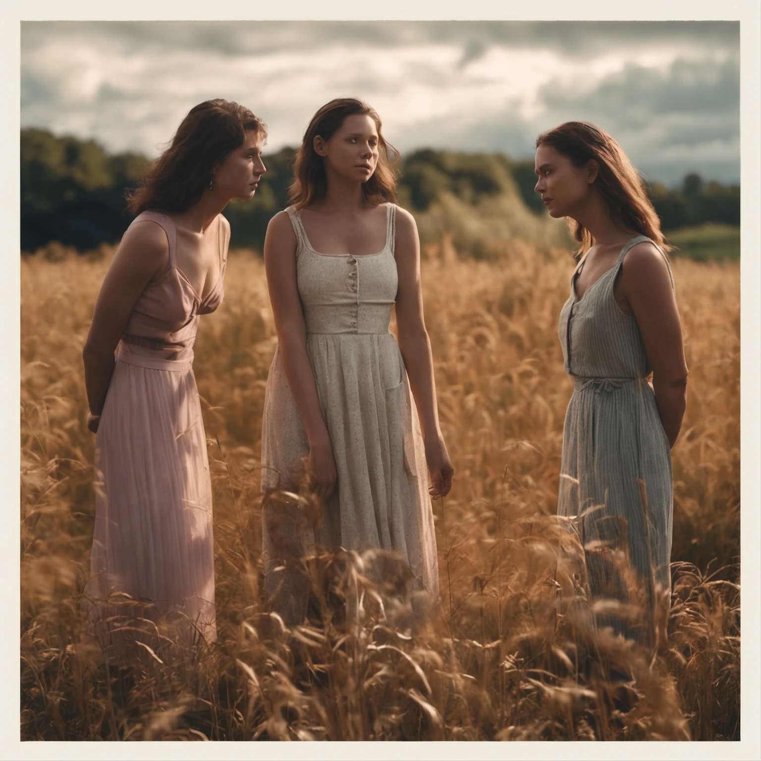 Realistic photo of instagram, detailed ugly faces, huge boobs, three german women standing in a field, soft natural volumetric light, cinematic, perfect light, low view