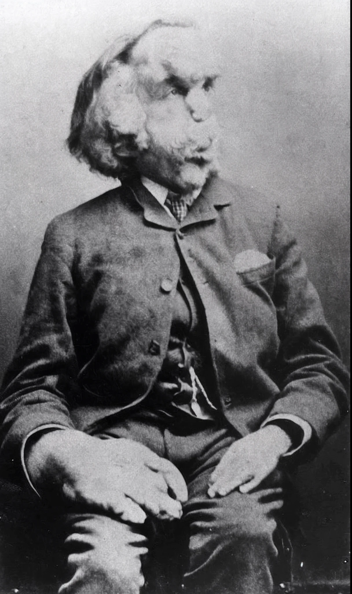 a black and white photo of a man with a goat's head, 1800s photo of a deformed, a photo of a disheveled man, elephant man, mark twain as huckleberry finn, albert einstein as a teenager, a photo of a man, photo of a man, taken in the mid-late 1800s