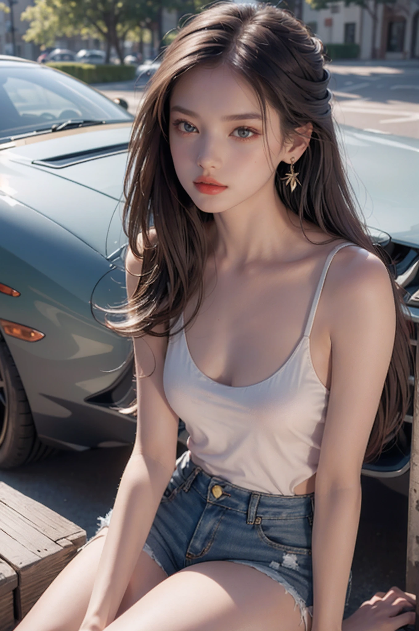 Best quality, masterpiece, super high resolution, (realistic: 1.4), original photo, (evening street), 1 girl, black eyes, looking at the audience, long hair, light makeup, lips, small ears, white t-shirt, denim shorts, earrings, sitting Ferrari, big breasts, slim